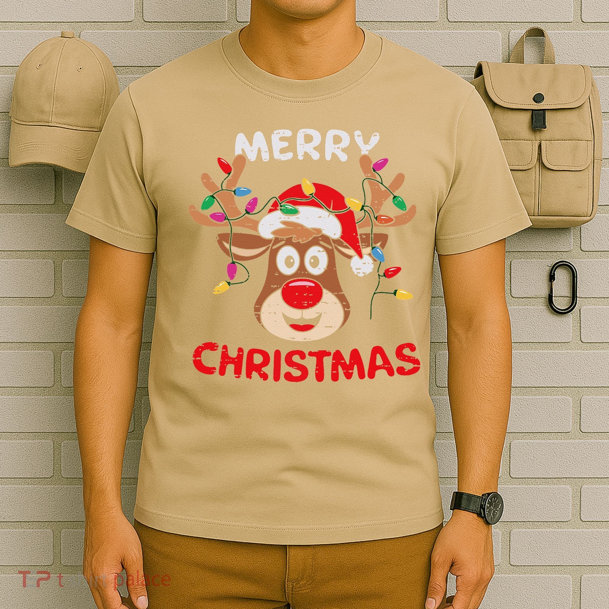 Merry Christmas Reindeer Lights Red Santa Hat Xmas Family T-Shirt