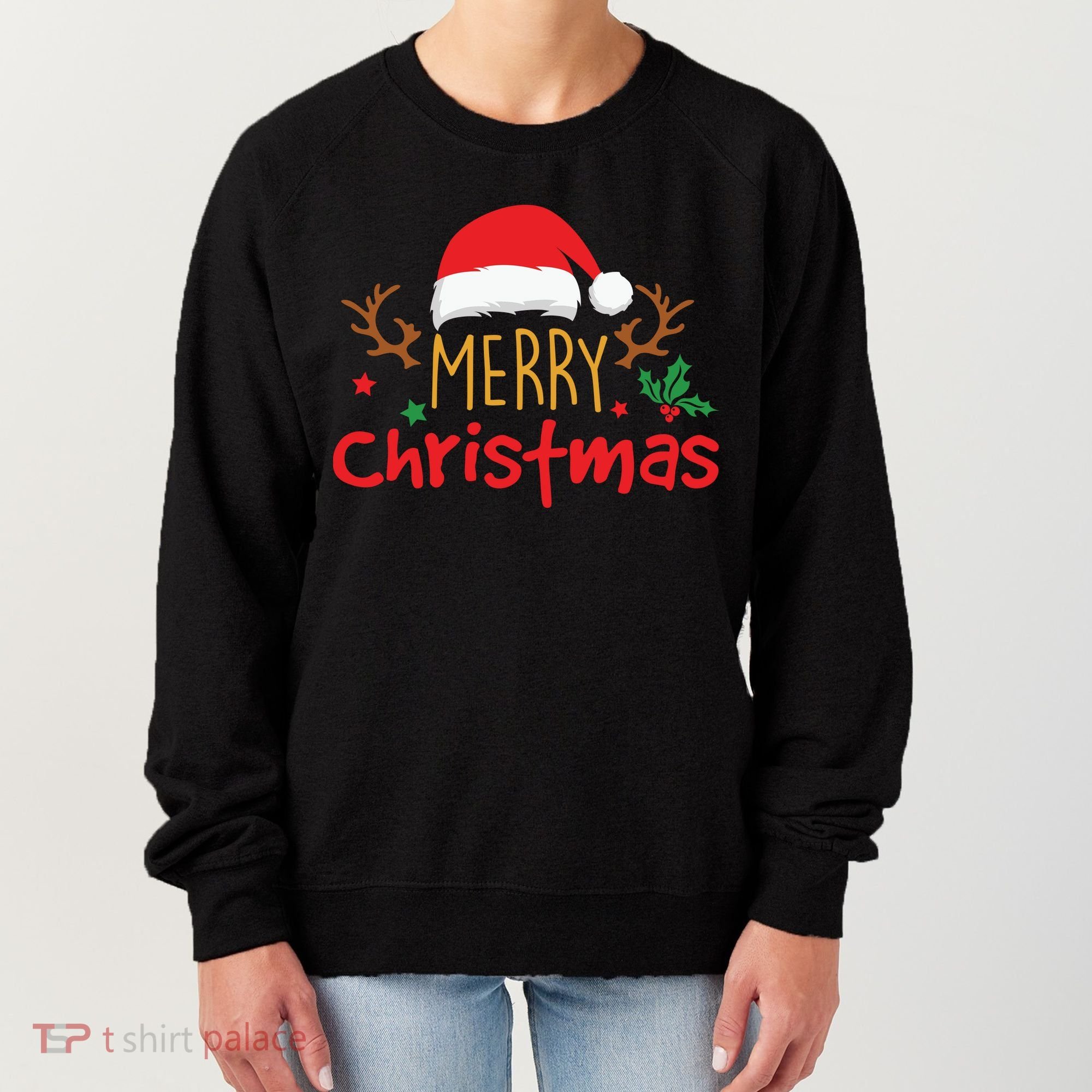Merry Christmas Santa Hat Reindeer Funny Xmas Gift Women's Sweatshirt