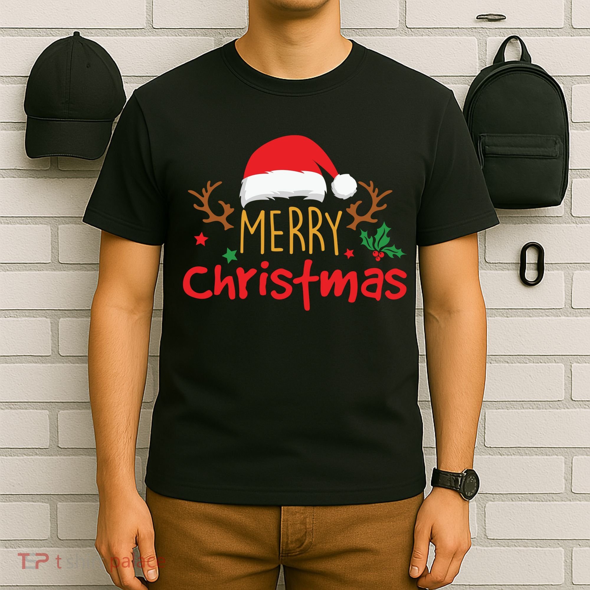 Merry Christmas Santa Hat Reindeer Funny Xmas Gift T-Shirt