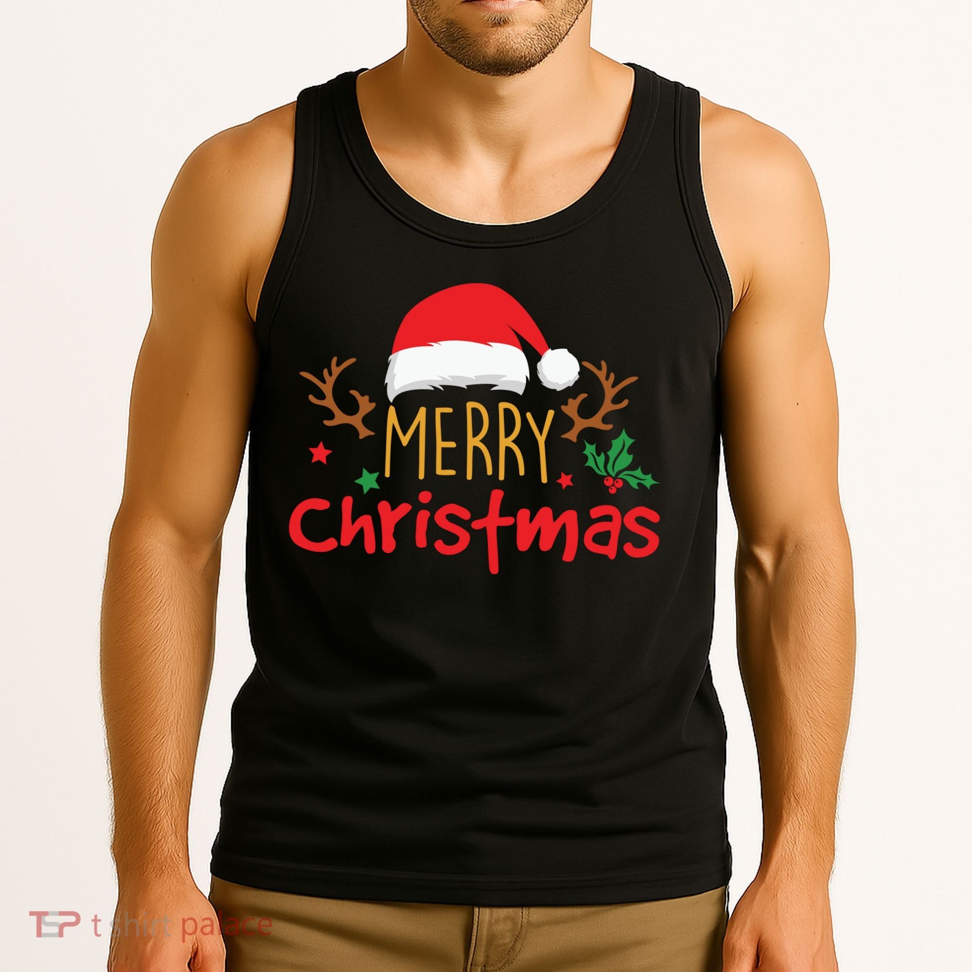 Merry Christmas Santa Hat Reindeer Funny Xmas Gift Tank Top