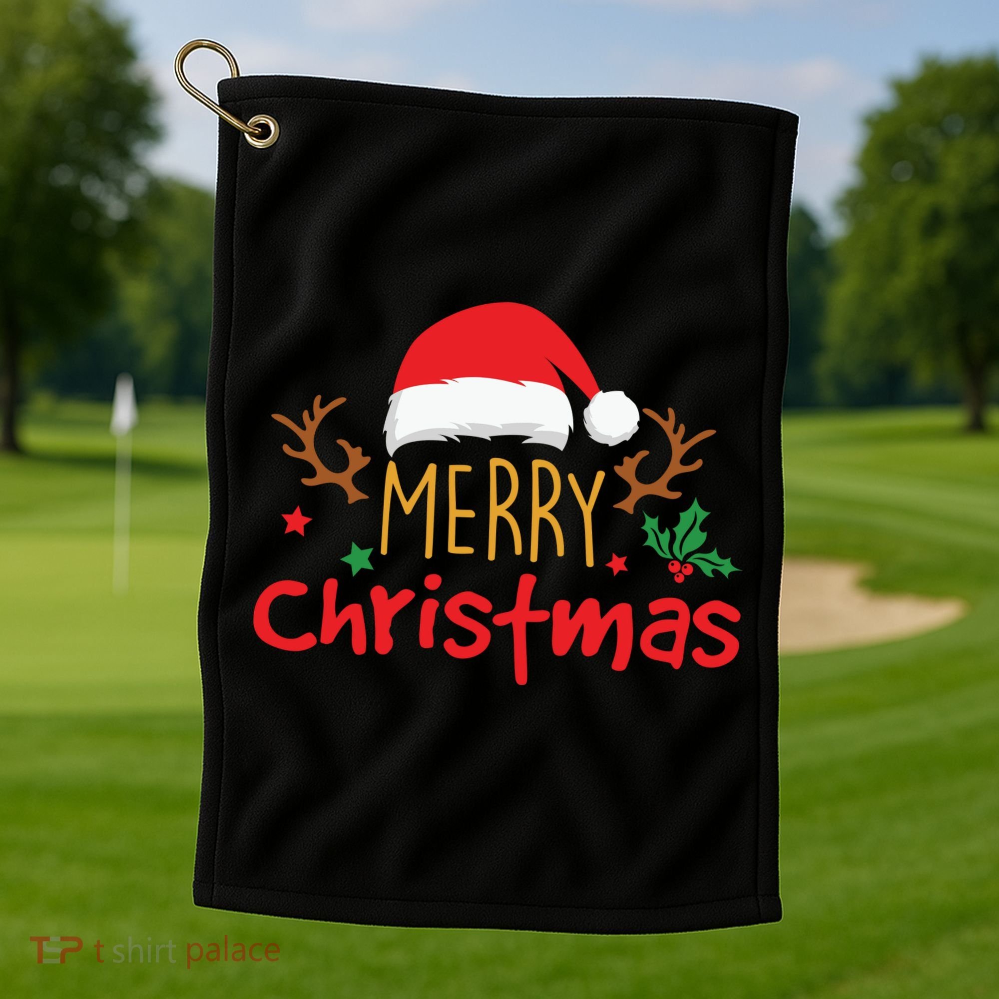 Merry Christmas Santa Hat Reindeer Funny Xmas Gift Golf Towel
