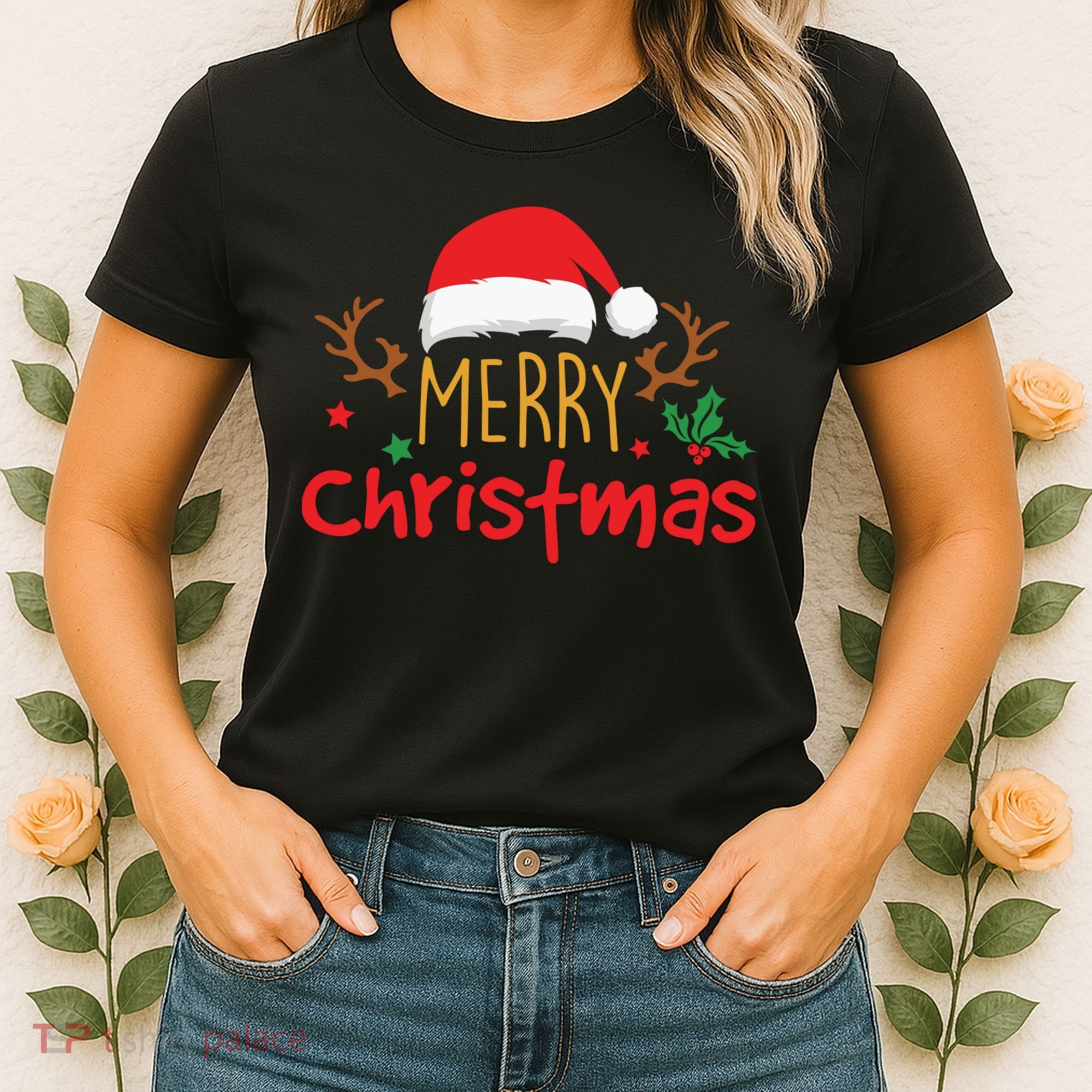 Merry Christmas Santa Hat Reindeer Funny Xmas Gift Women's T-Shirt