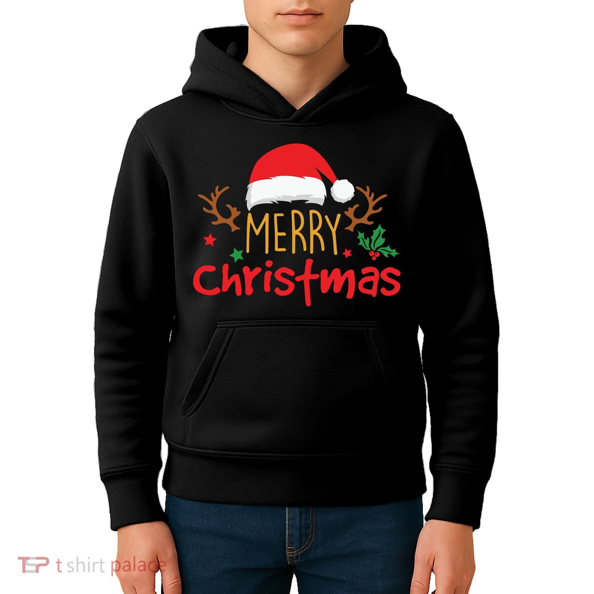 Merry Christmas Santa Hat Reindeer Funny Xmas Gift Kids Hoodie