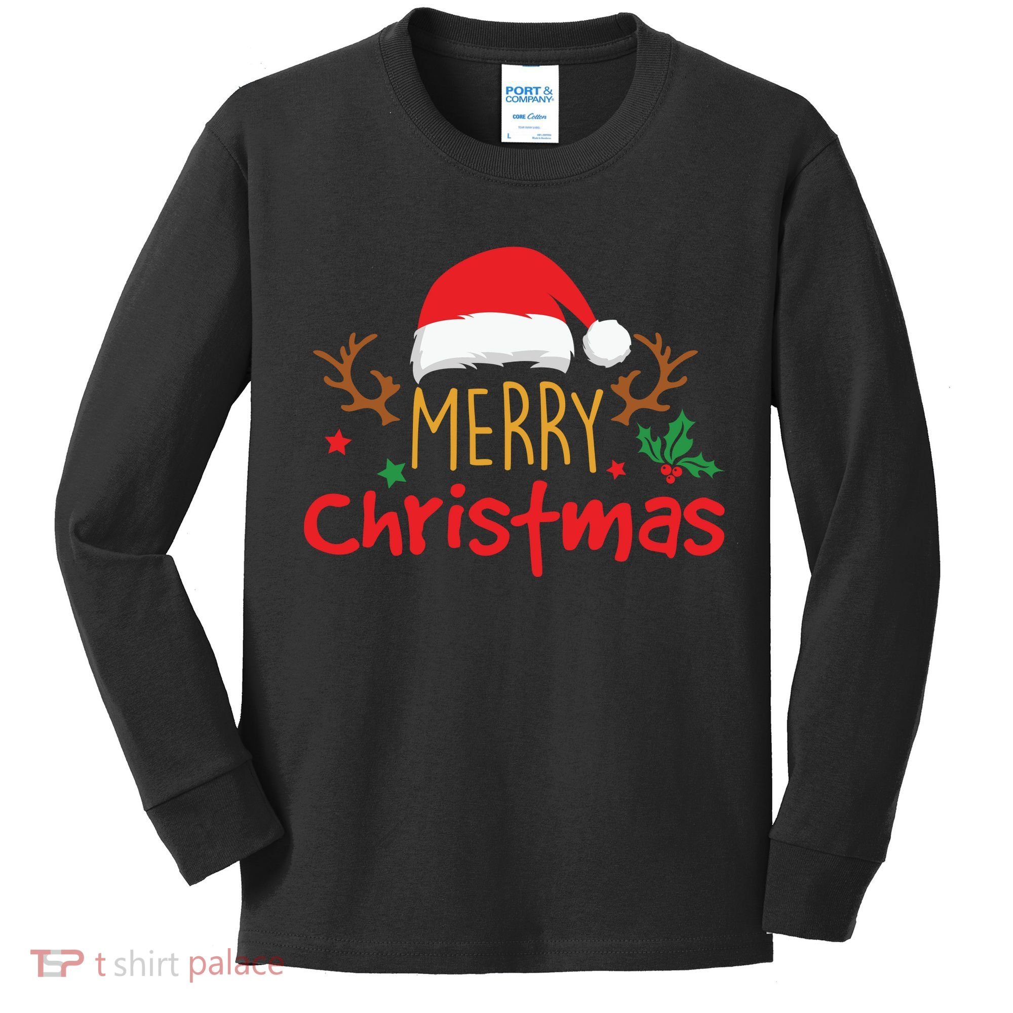 Merry Christmas Santa Hat Reindeer Funny Xmas Gift Kids Long Sleeve Shirt