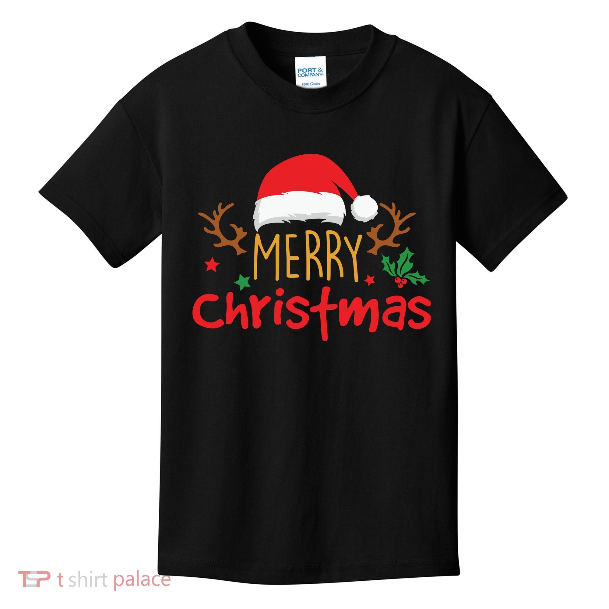 Merry Christmas Santa Hat Reindeer Funny Xmas Gift Kids T-Shirt