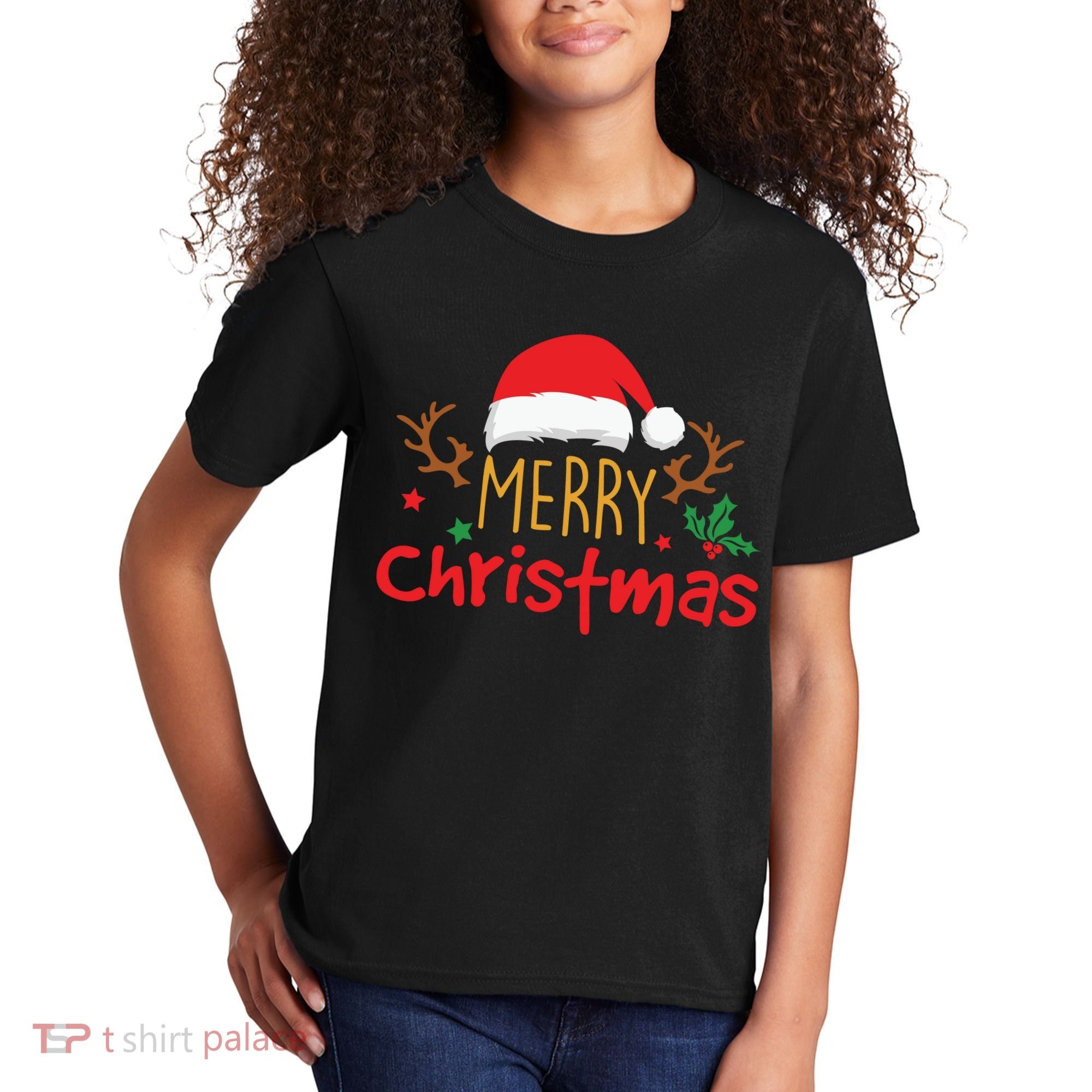 Merry Christmas Santa Hat Reindeer Funny Xmas Gift Kids T-Shirt