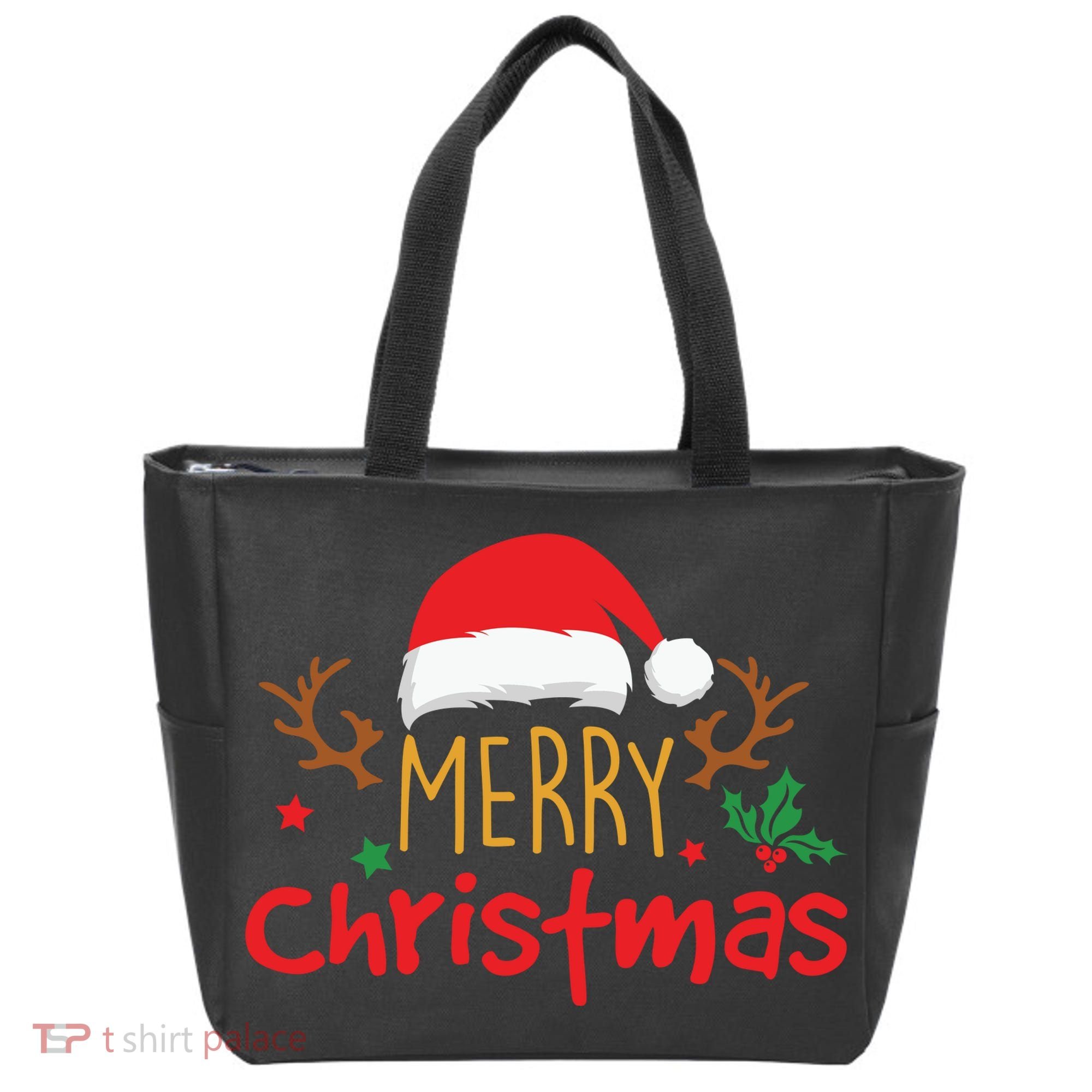 Merry Christmas Santa Hat Reindeer Funny Xmas Gift Tote Bag