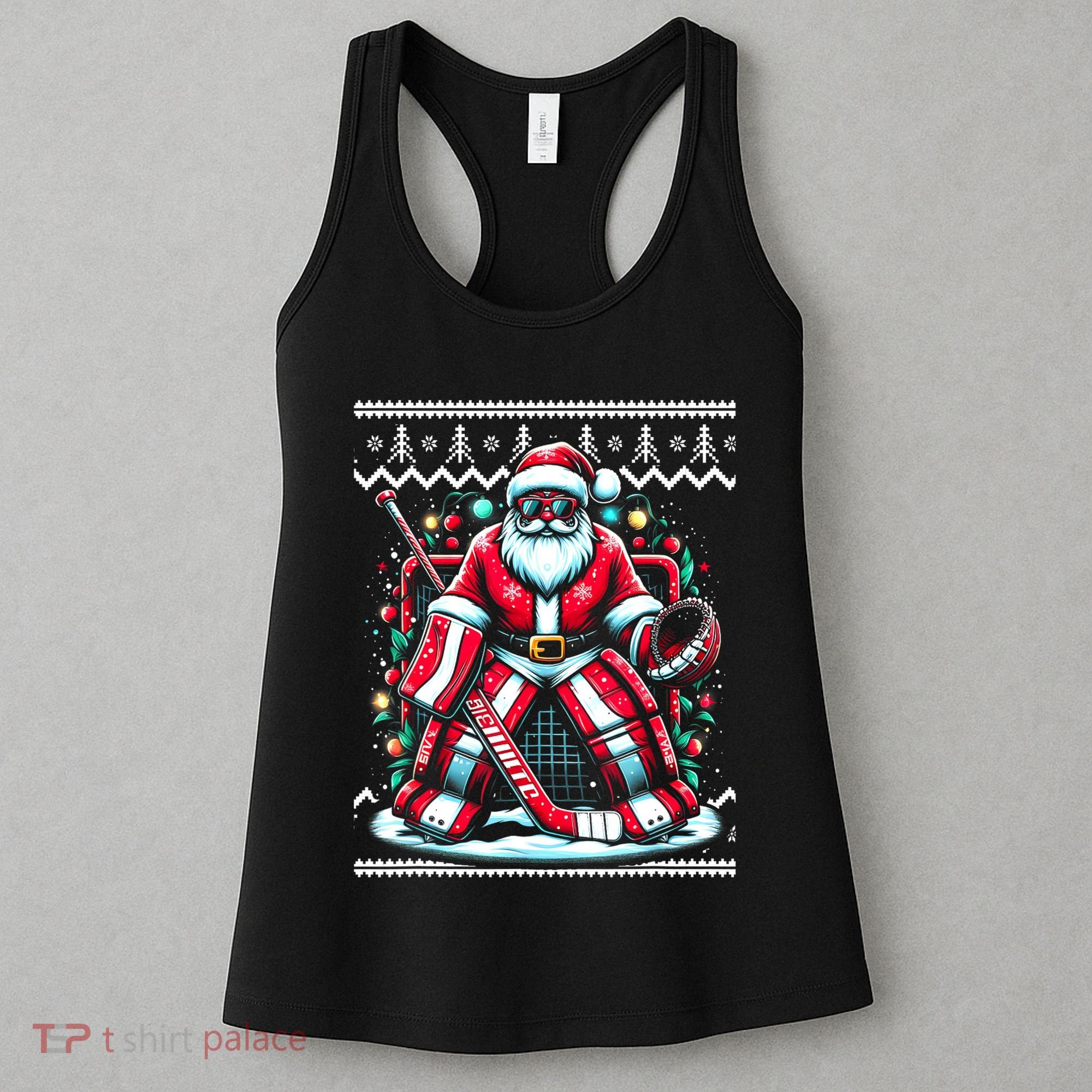 Merry Christmas Santa Hockey Goalie Ugly Christmas Sweater Women's Tank Top