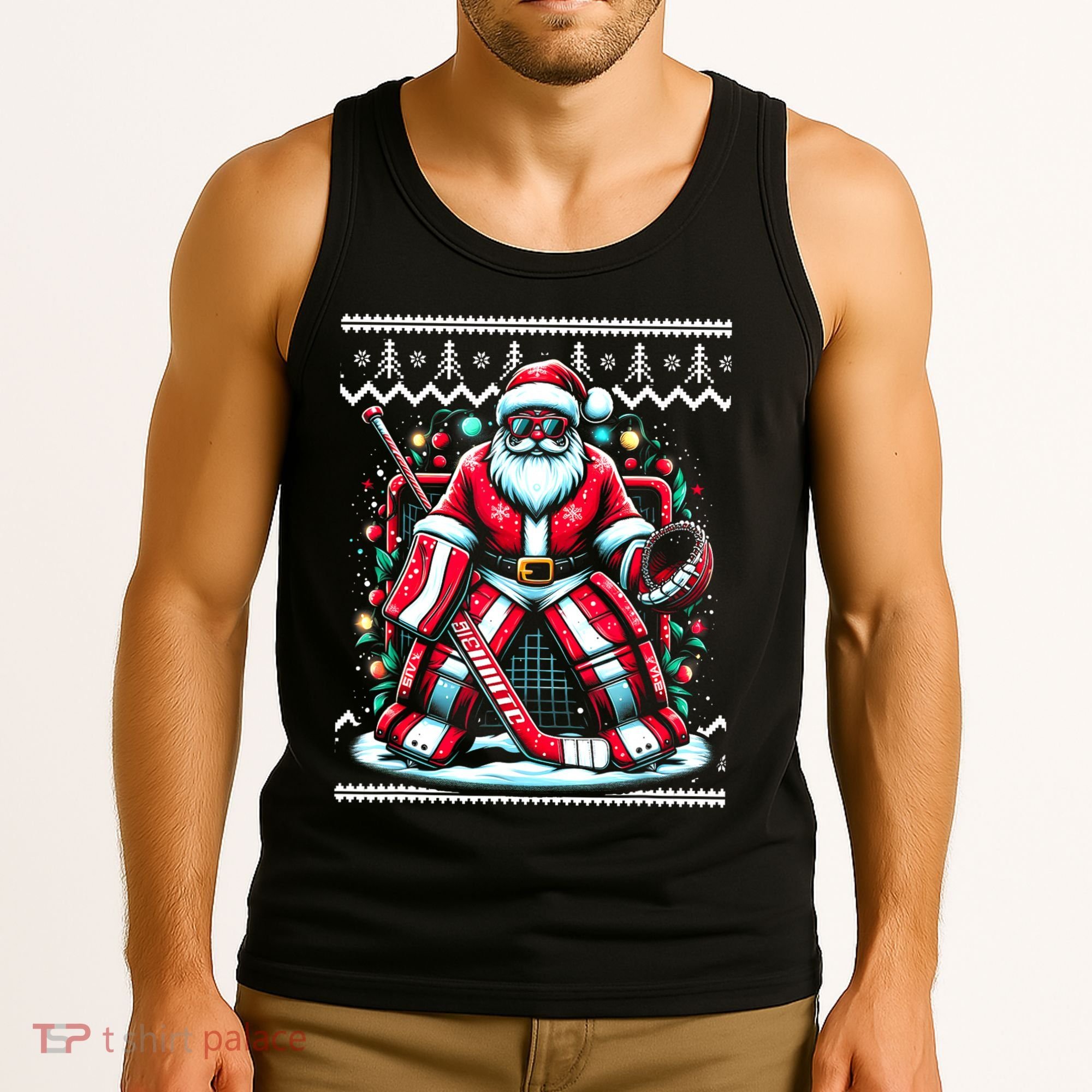 Merry Christmas Santa Hockey Goalie Ugly Christmas Sweater Tank Top