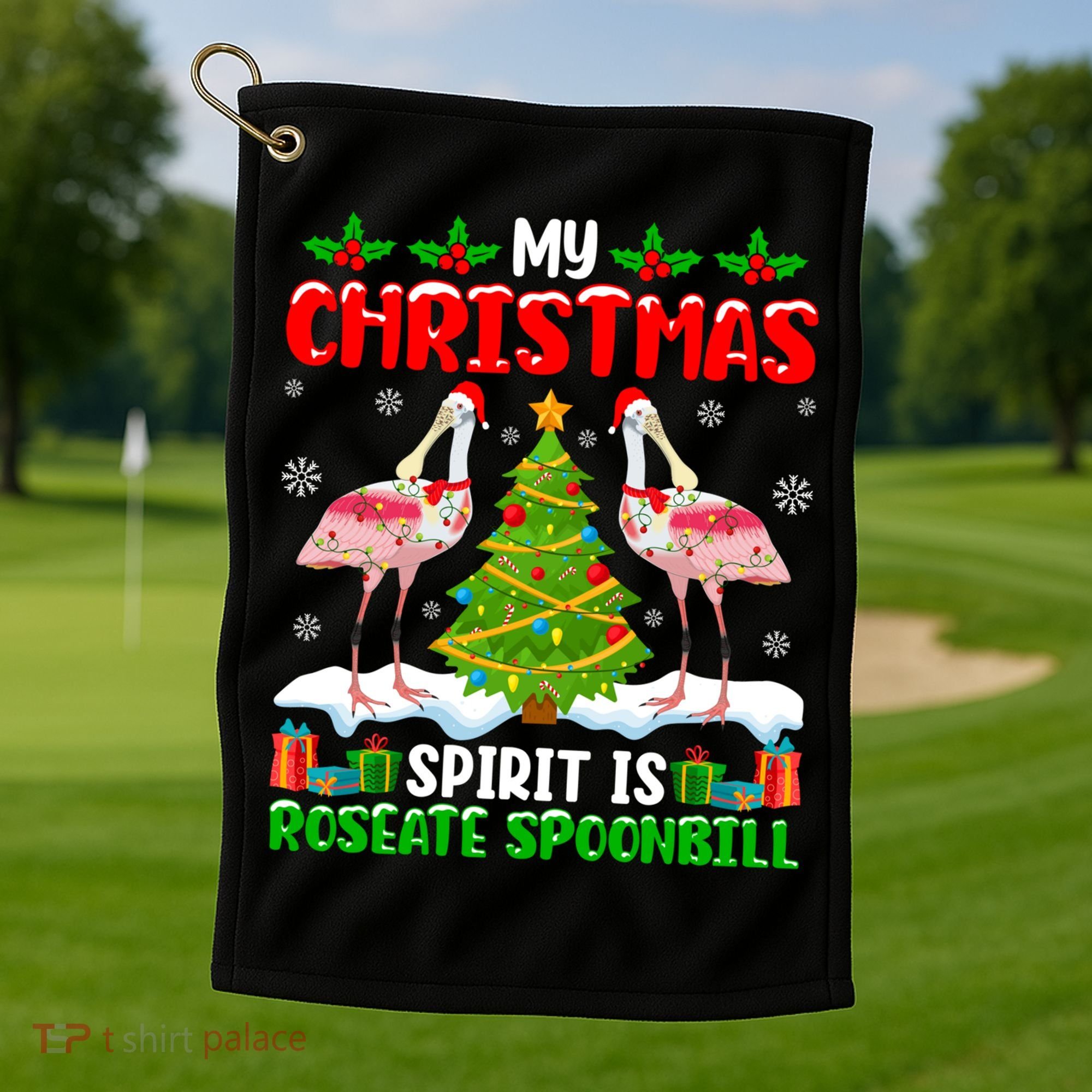 My Christmas Spirit Is Roseate Spoonbill Wearing Santa Hat Gift Golf Towel