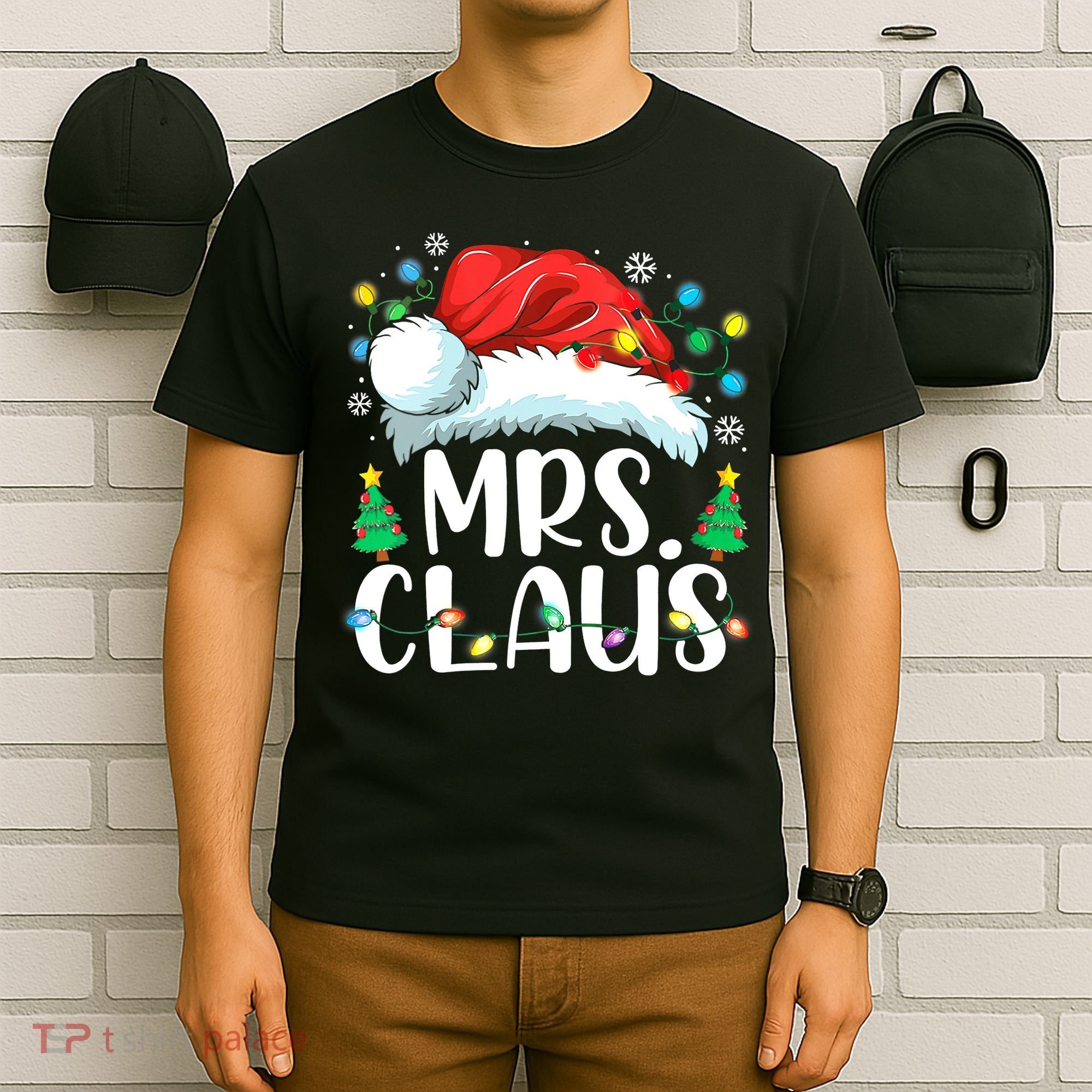 Mrs Claus Santa Lights Christmas Red Plaid Couples Pajama T-Shirt