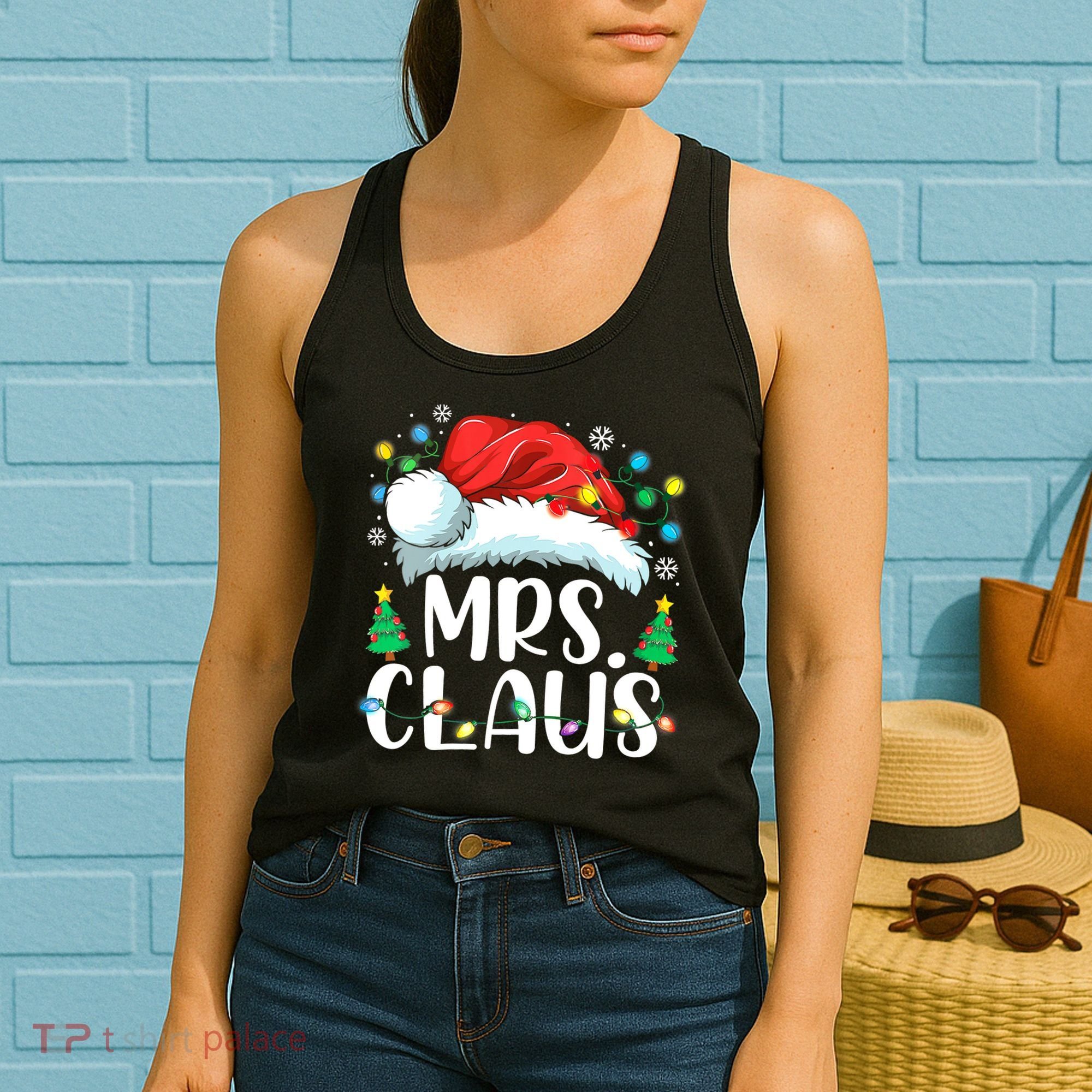 Mrs Claus Santa Lights Christmas Red Plaid Couples Pajama Women's Tank Top