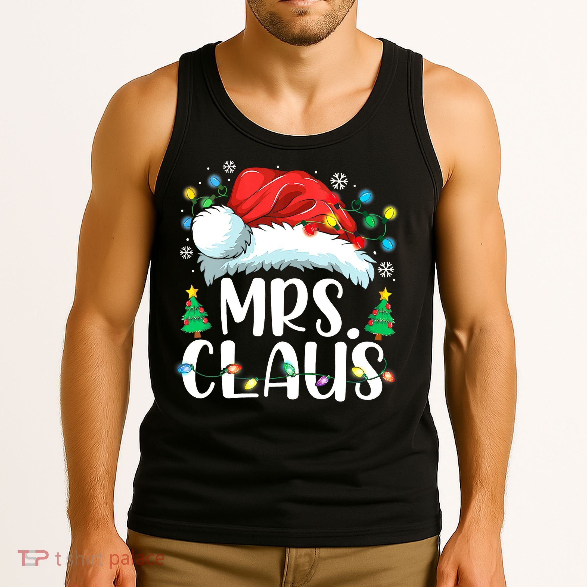 Mrs Claus Santa Lights Christmas Red Plaid Couples Pajama Tank Top