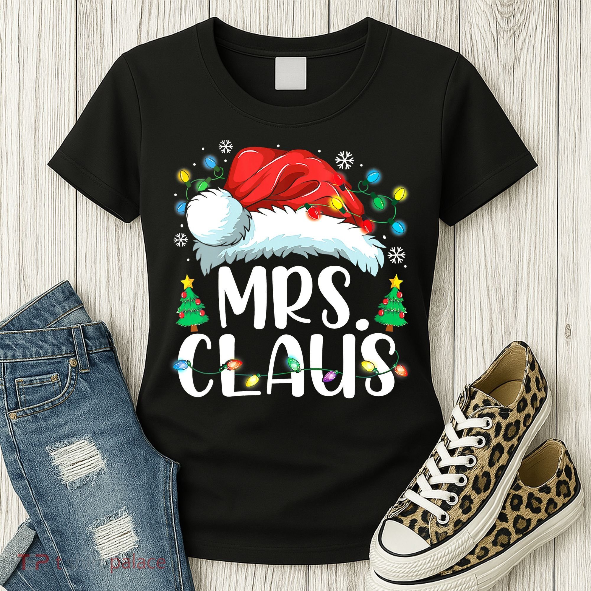 Mrs Claus Santa Lights Christmas Red Plaid Couples Pajama Women's T-Shirt