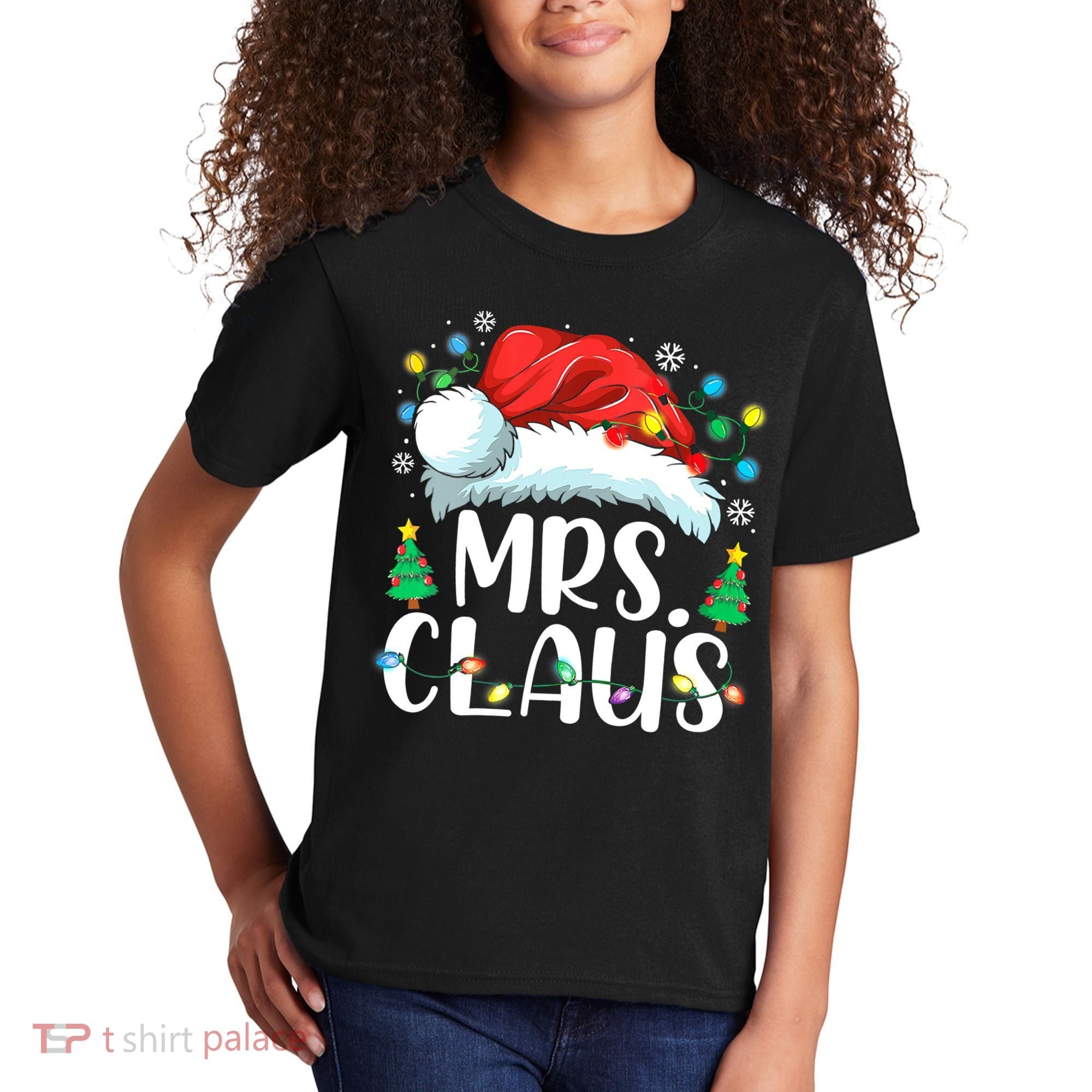 Mrs Claus Santa Lights Christmas Red Plaid Couples Pajama Kids T-Shirt