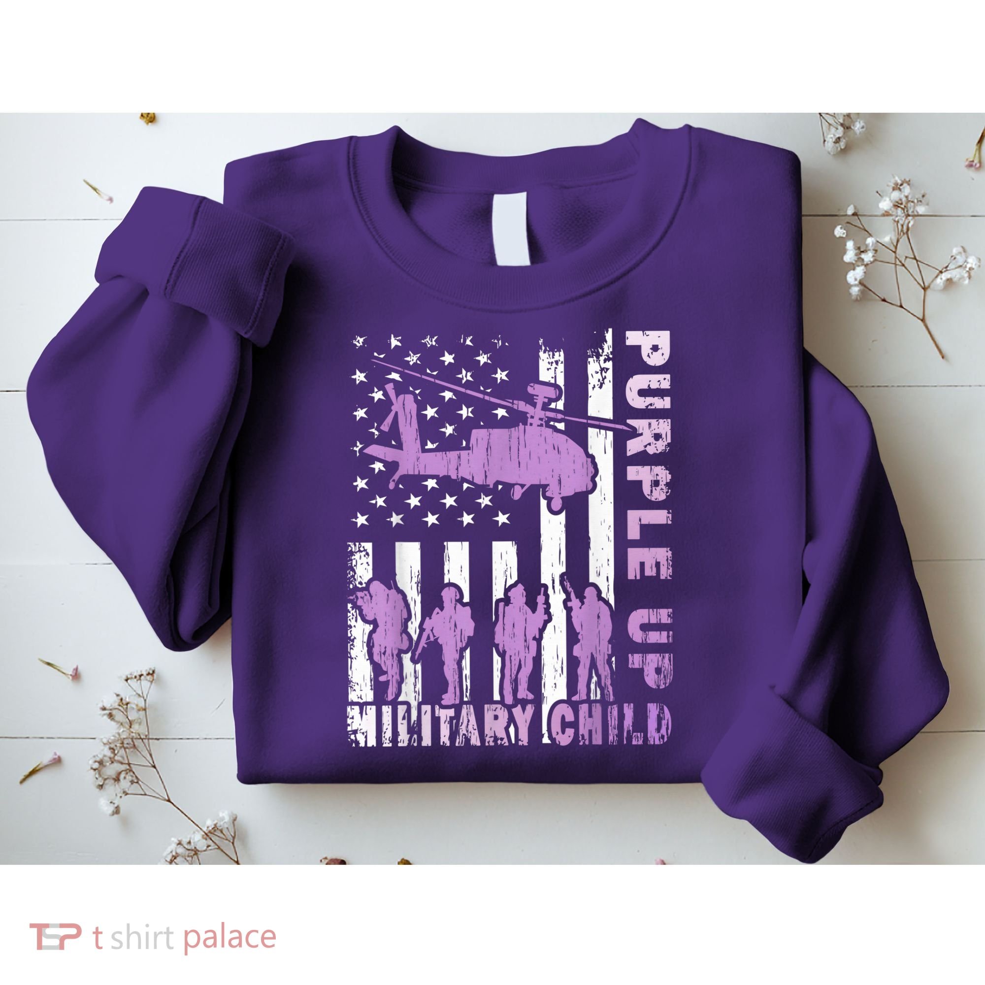 Military Child Shirt Purple Up American Flag Helicopter Kid Sweatshirt
