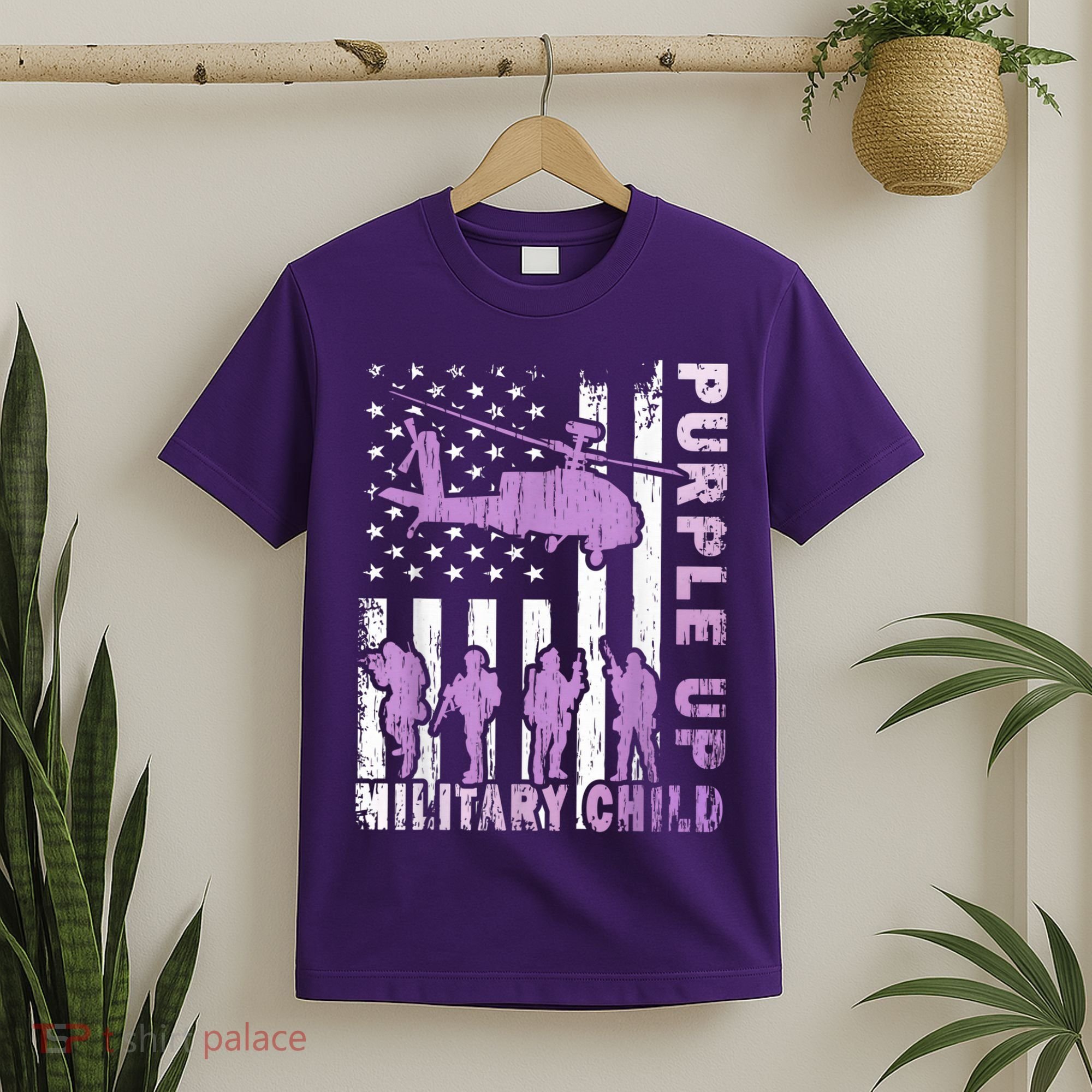 Military Child Shirt Purple Up American Flag Helicopter Kid T-Shirt