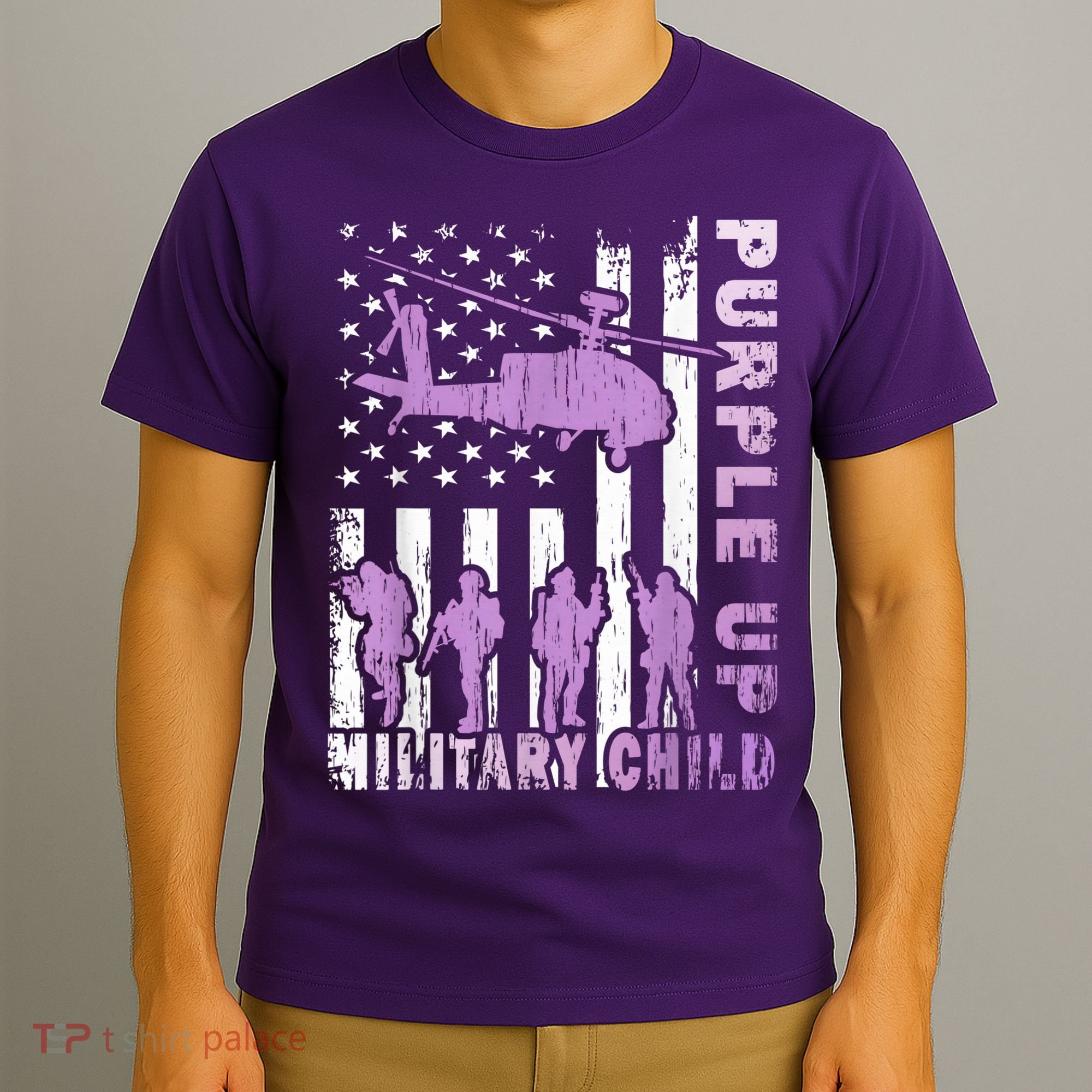 Military Child Shirt Purple Up American Flag Helicopter Kid T-Shirt