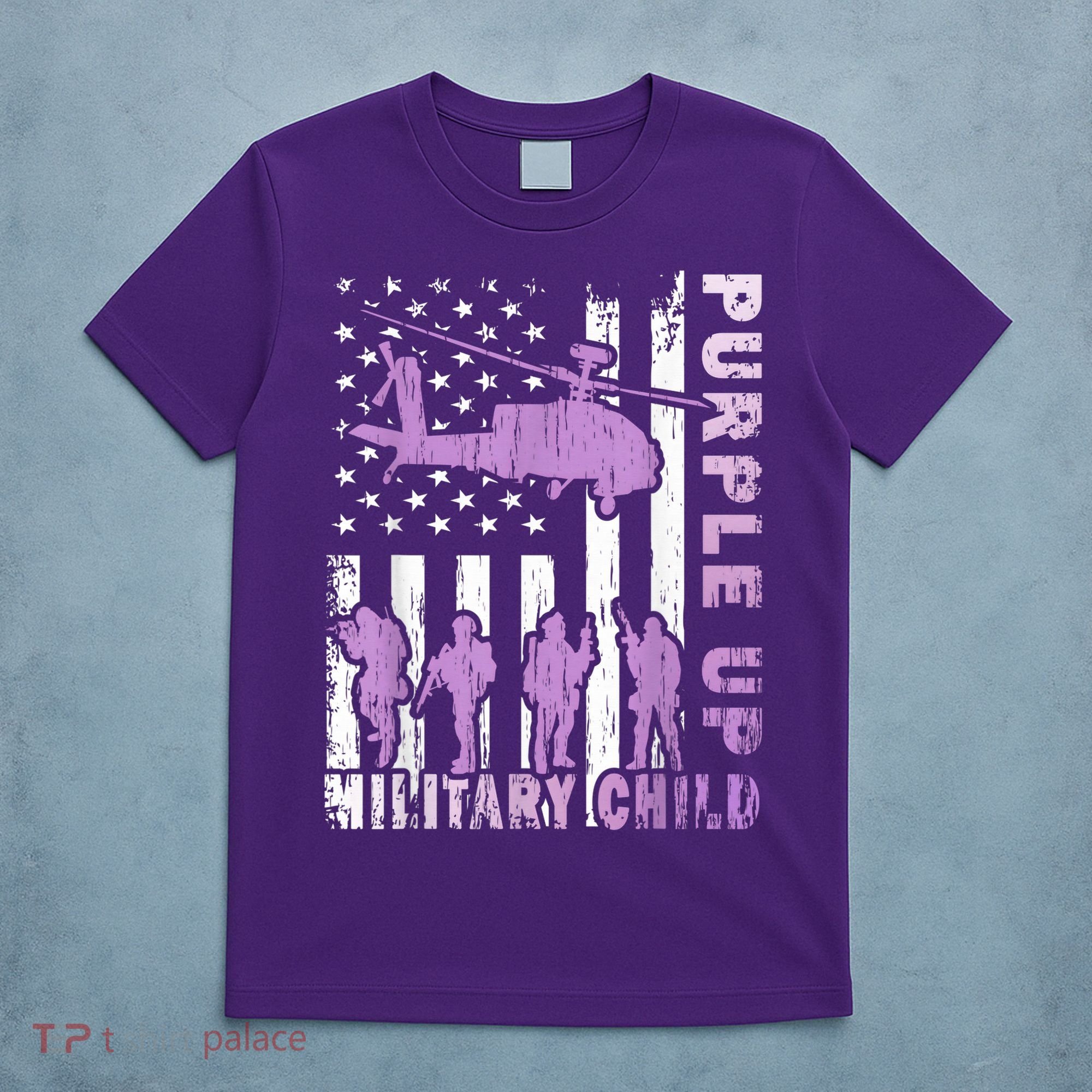 Military Child Shirt Purple Up American Flag Helicopter Kid T-Shirt