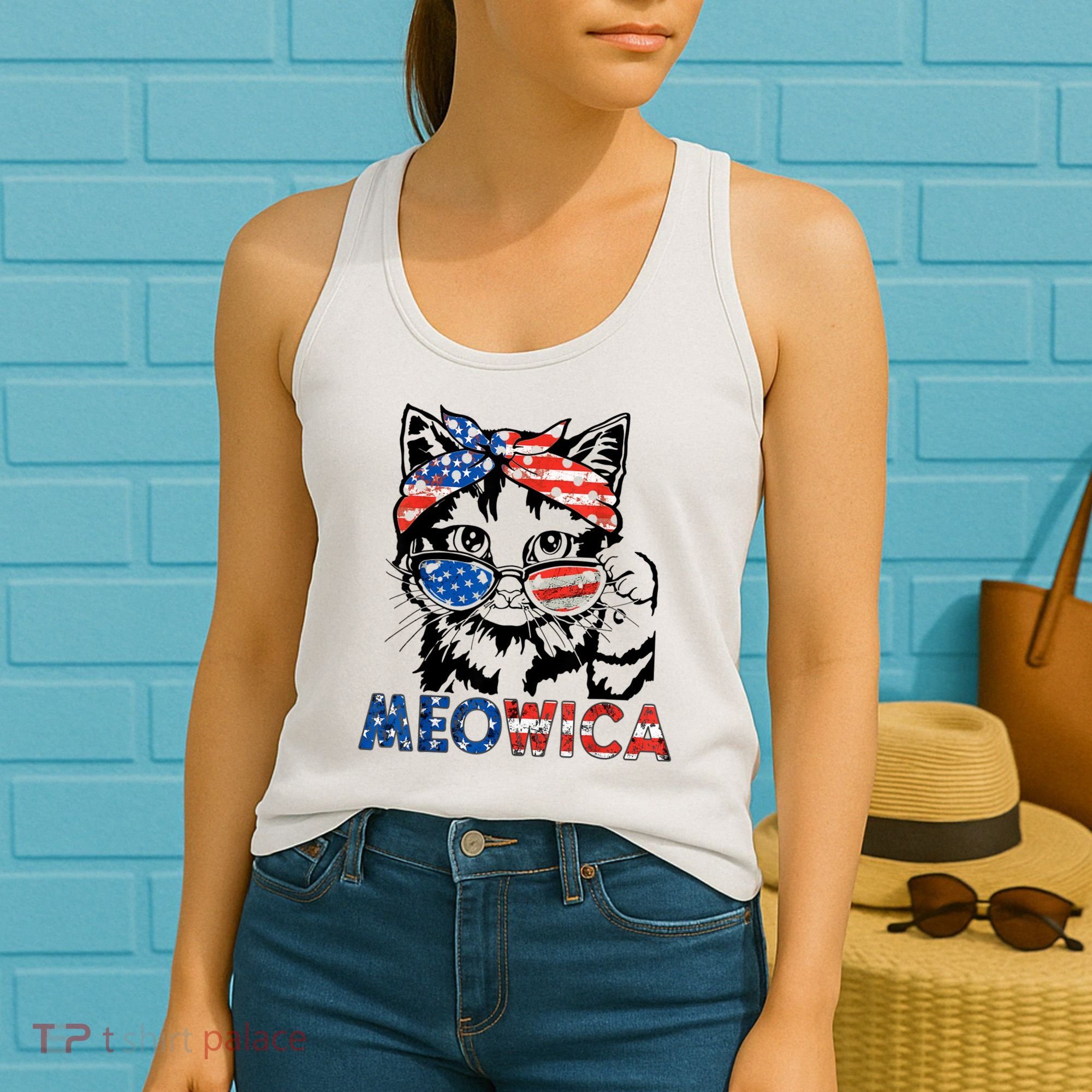 Meowica Cat Sunglasses American Flag 4th Of July Merica Usa Women's Tank Top
