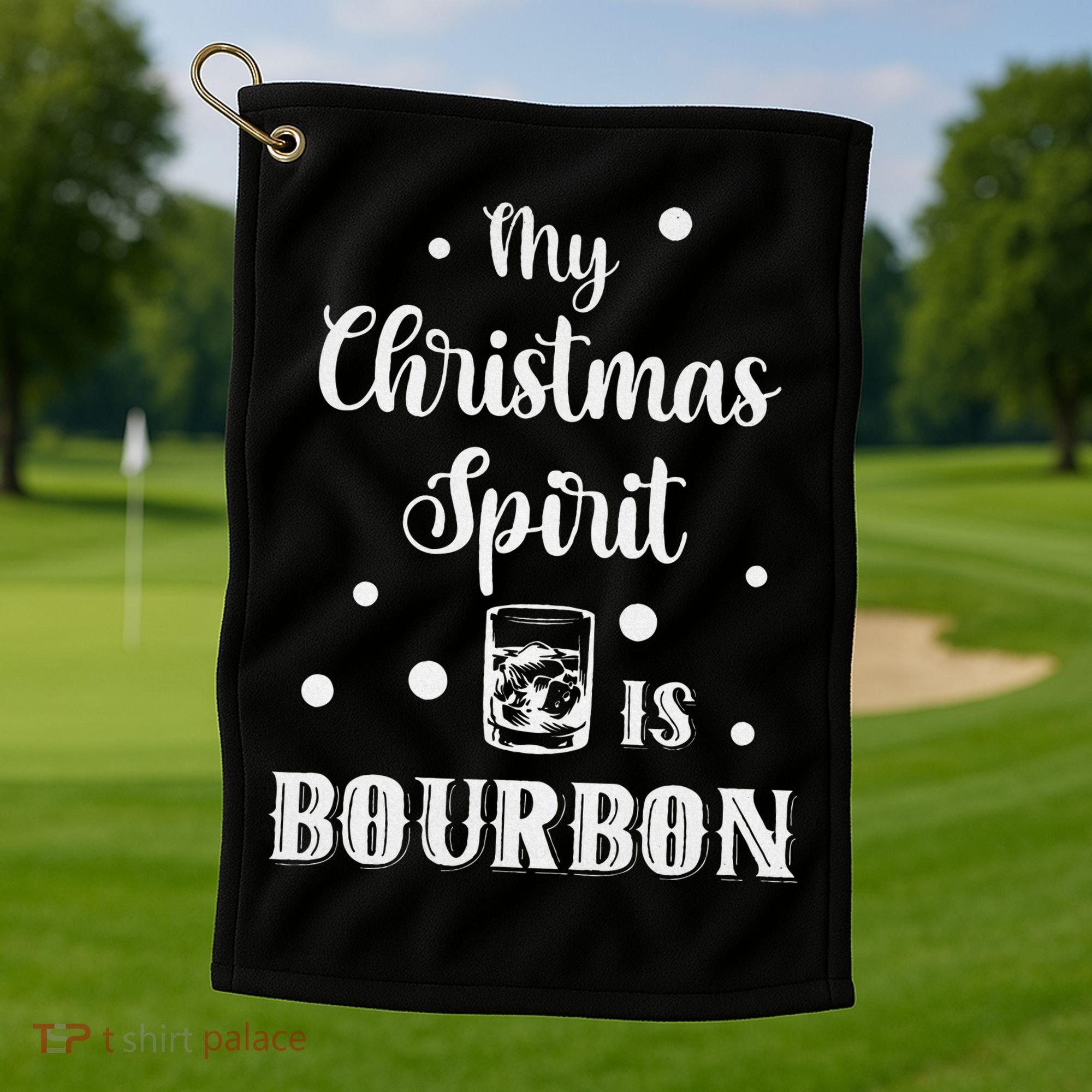 My Christmas Spirit Is Bourbon Funny Holiday Liquor Drinker Golf Towel