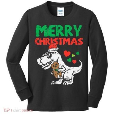 Merry Christmas Trex Dino Pajamas Kids Long Sleeve Shirt