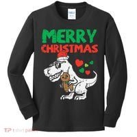 Merry Christmas Trex Dino Pajamas Kids Long Sleeve Shirt thumb 0