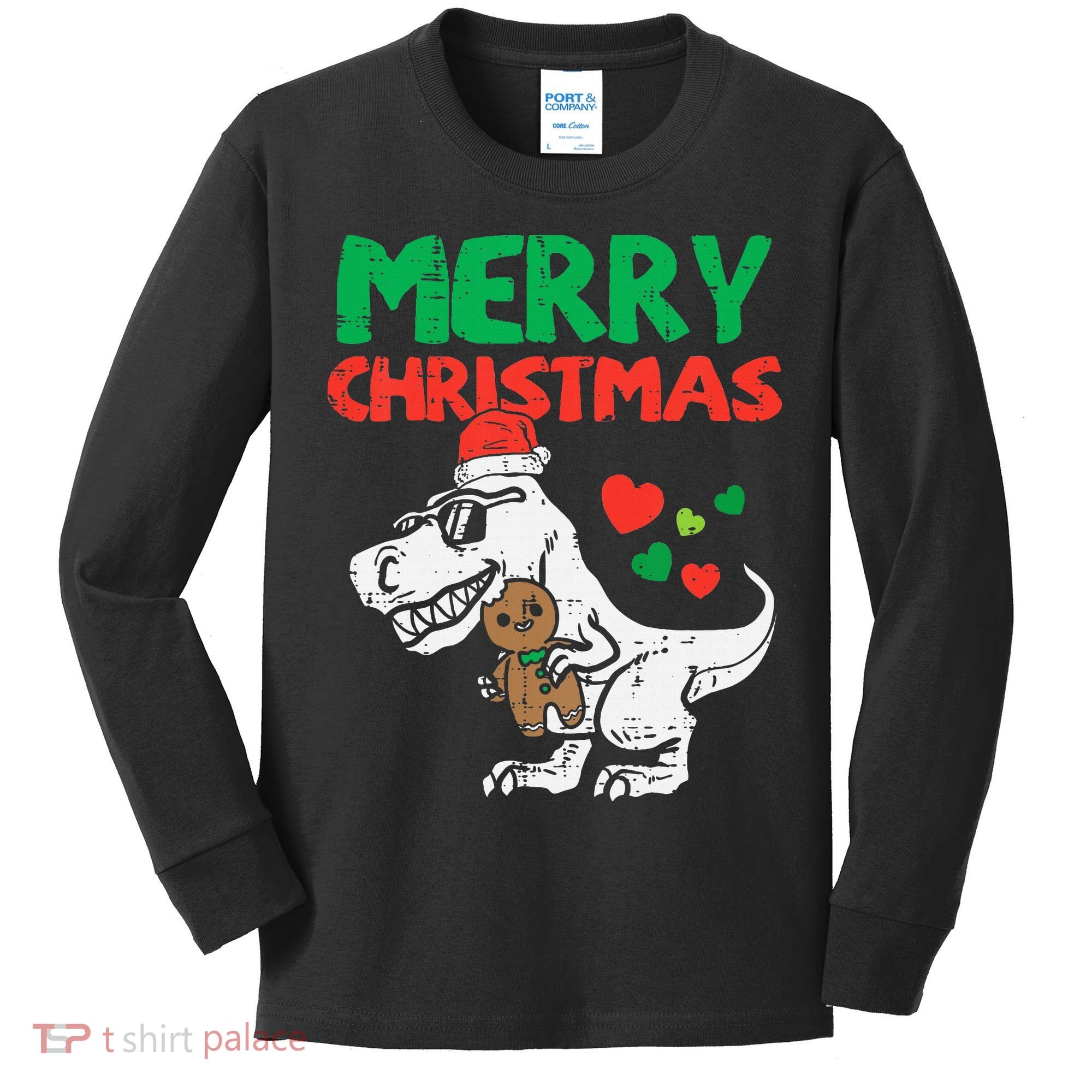 Merry Christmas Trex Dino Pajamas Kids Long Sleeve Shirt
