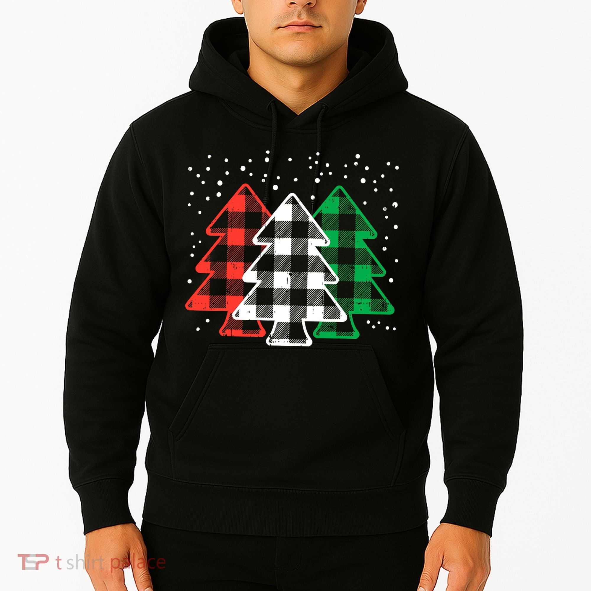 Merry Christmas Tree Buffalo Plaid Red White Green Xmas Hoodie