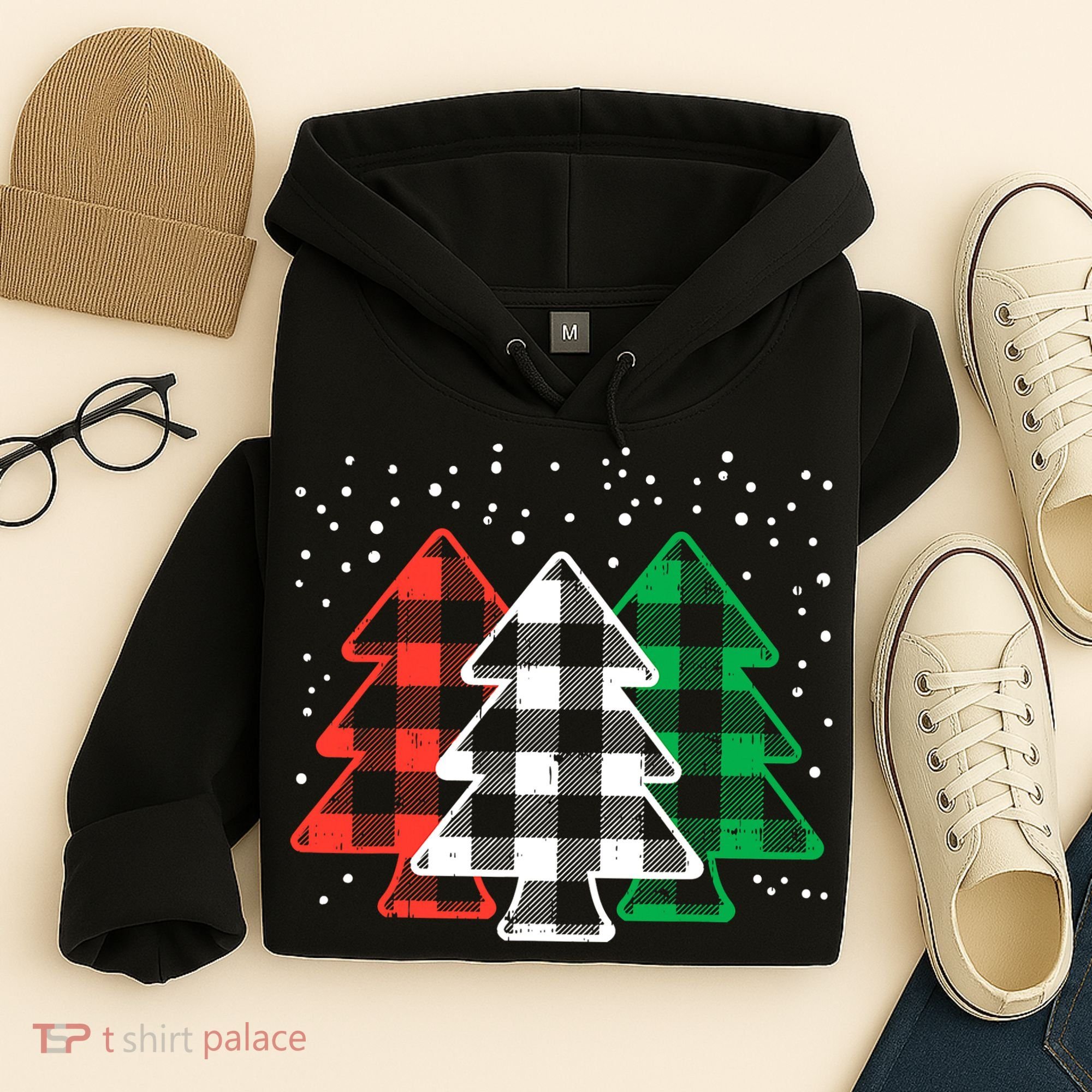 Merry Christmas Tree Buffalo Plaid Red White Green Xmas Hoodie