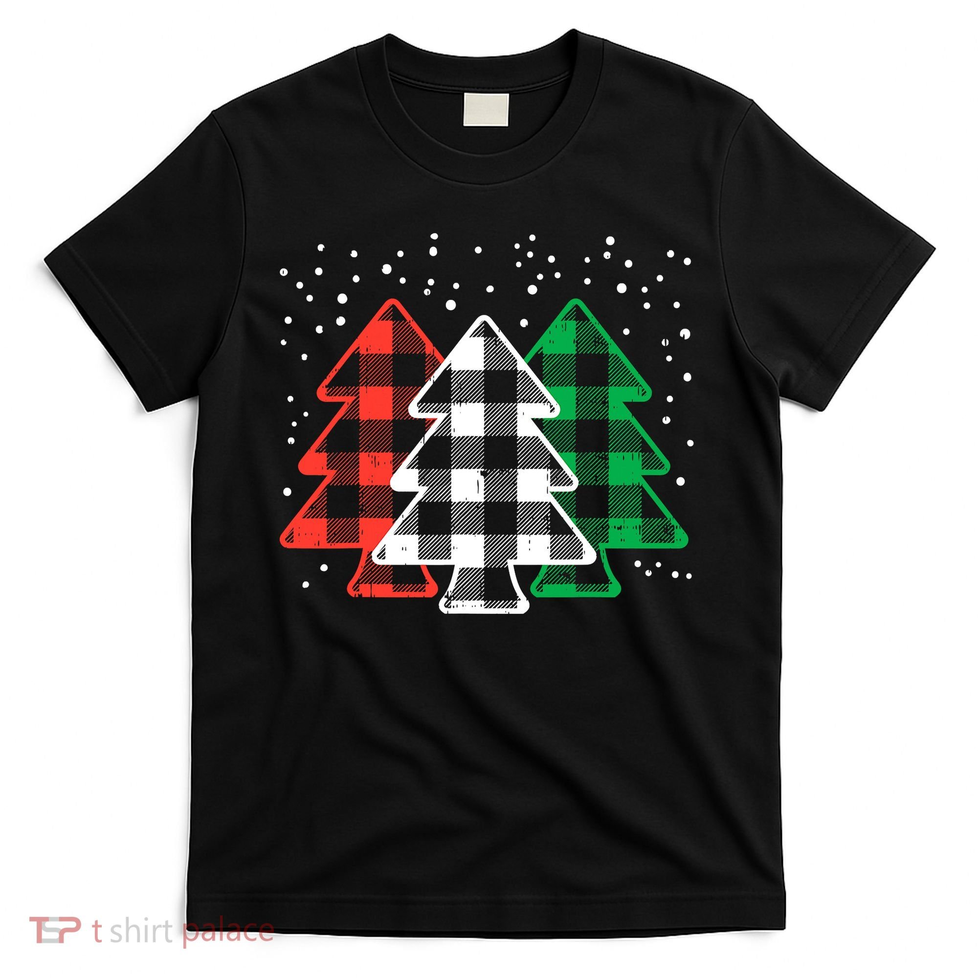 Merry Christmas Tree Buffalo Plaid Red White Green Xmas T-Shirt