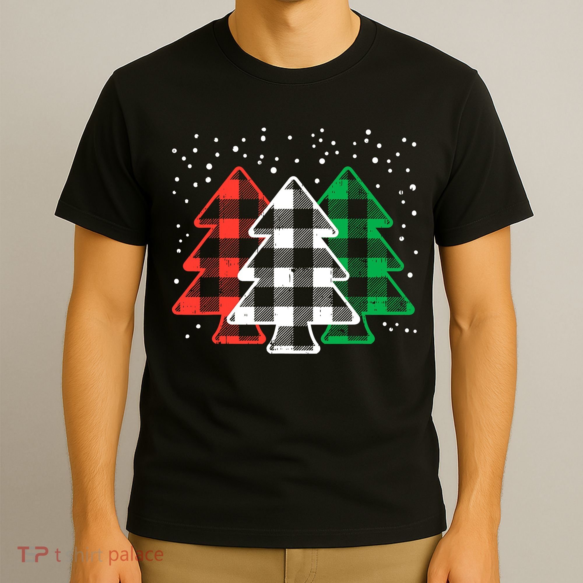 Merry Christmas Tree Buffalo Plaid Red White Green Xmas T-Shirt