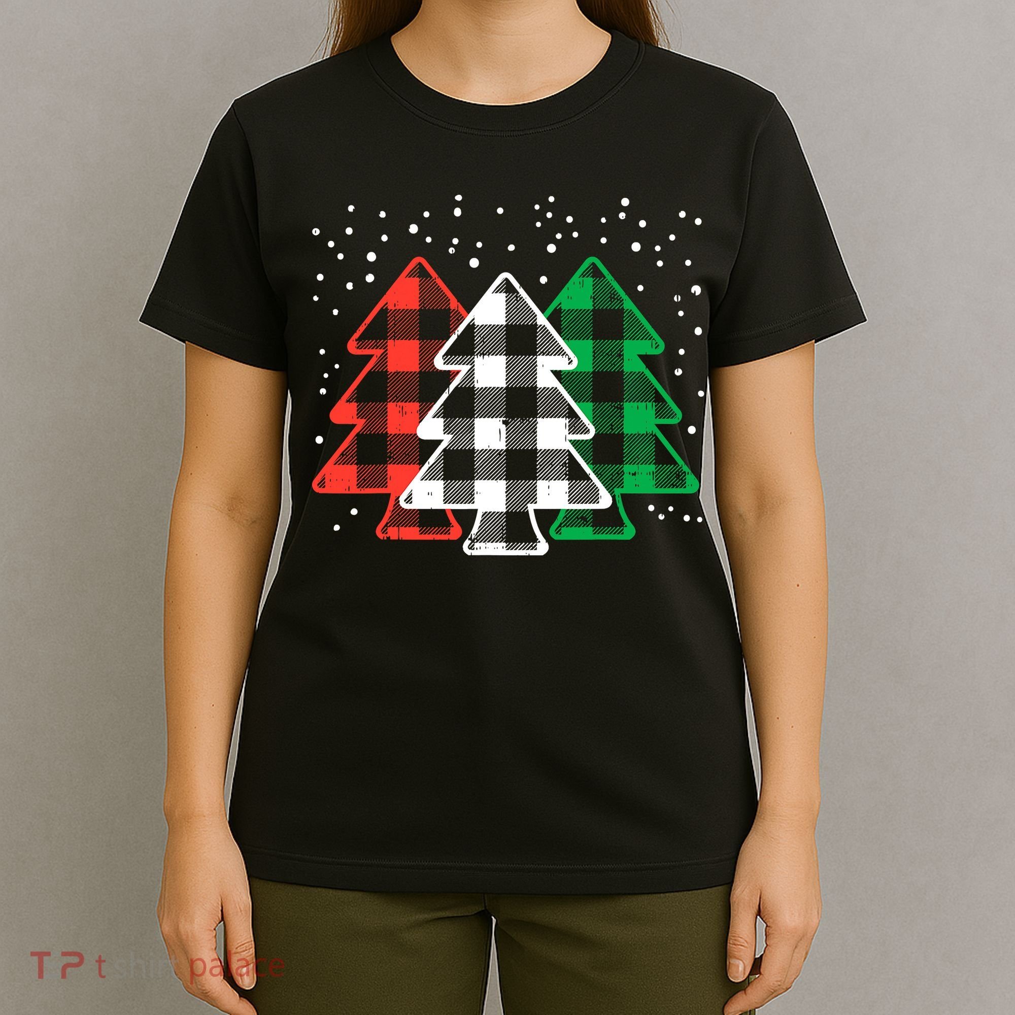 Merry Christmas Tree Buffalo Plaid Red White Green Xmas T-Shirt