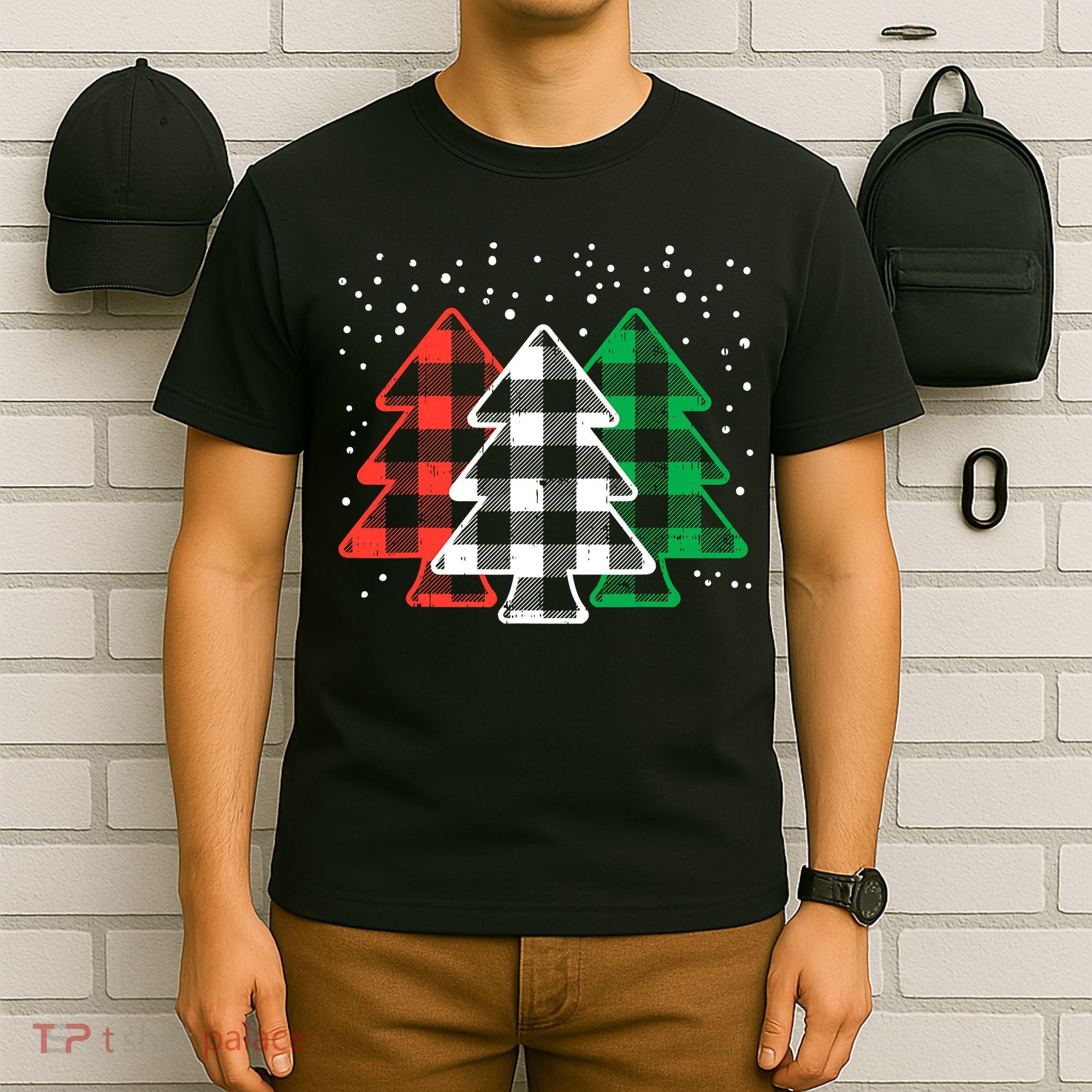 Merry Christmas Tree Buffalo Plaid Red White Green Xmas T-Shirt