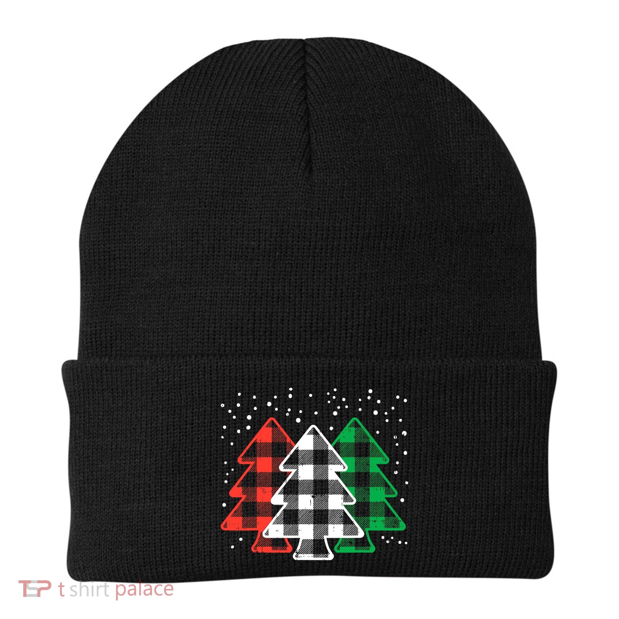 Merry Christmas Tree Buffalo Plaid Red White Green Xmas Beanie