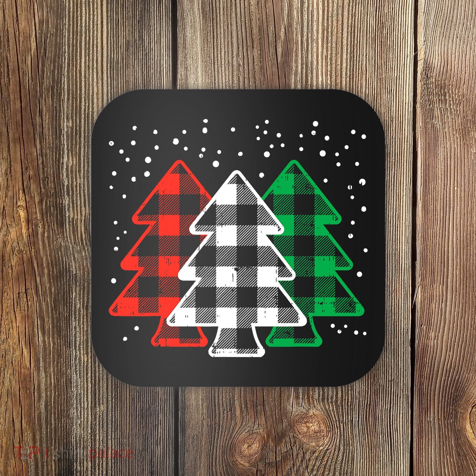Merry Christmas Tree Buffalo Plaid Red White Green Xmas Coaster