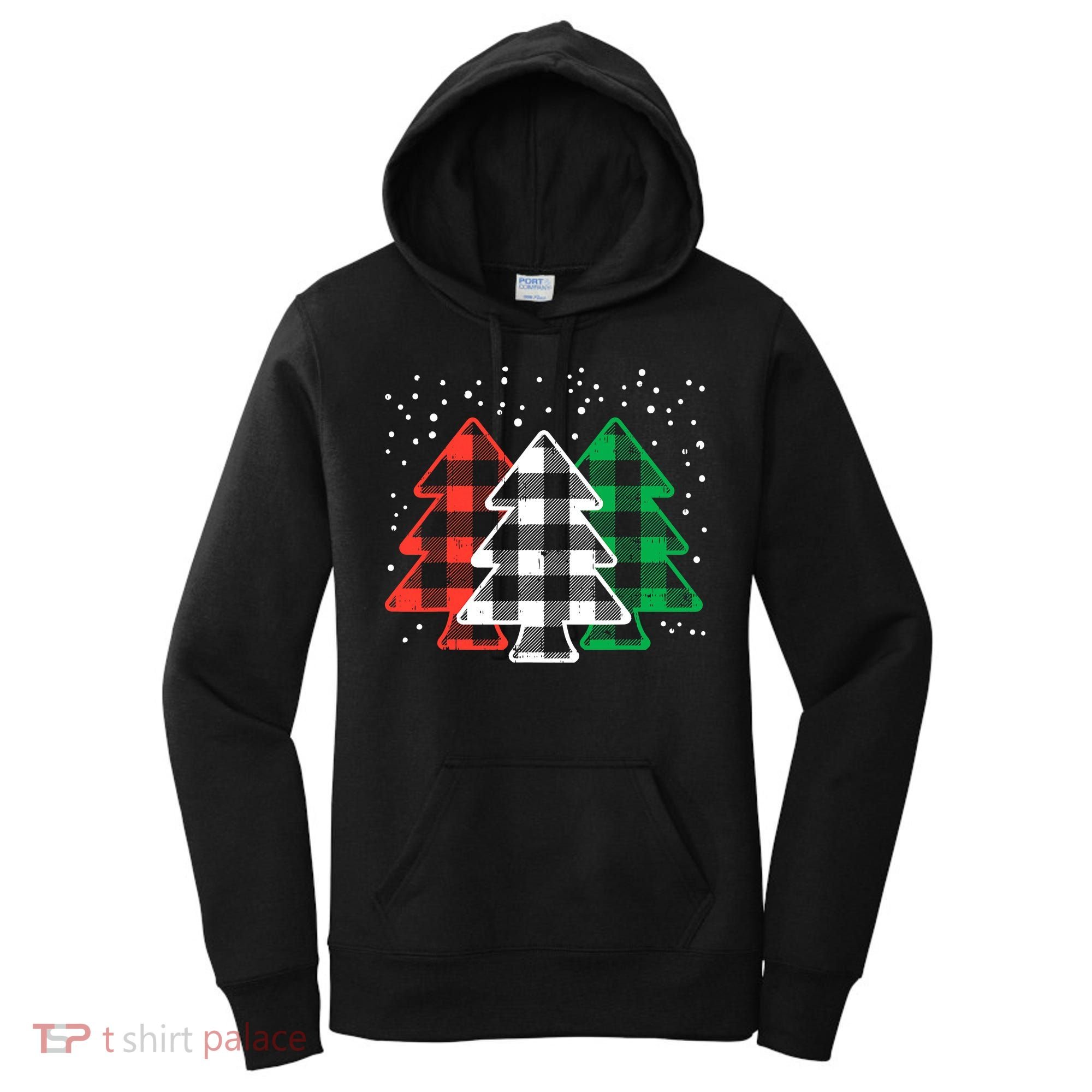 Merry Christmas Tree Buffalo Plaid Red White Green Xmas Women's Hoodie