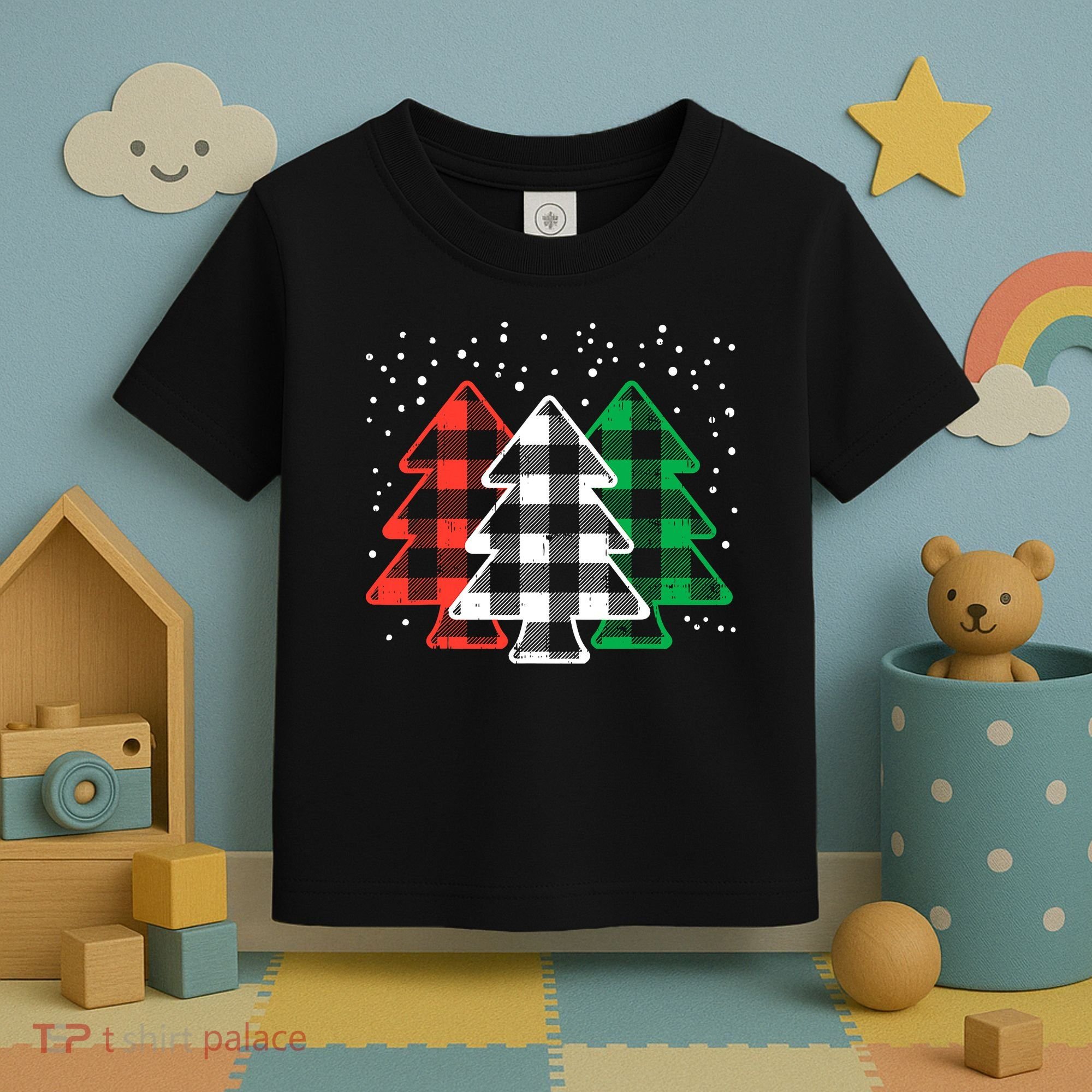 Merry Christmas Tree Buffalo Plaid Red White Green Xmas Toddler T-Shirt