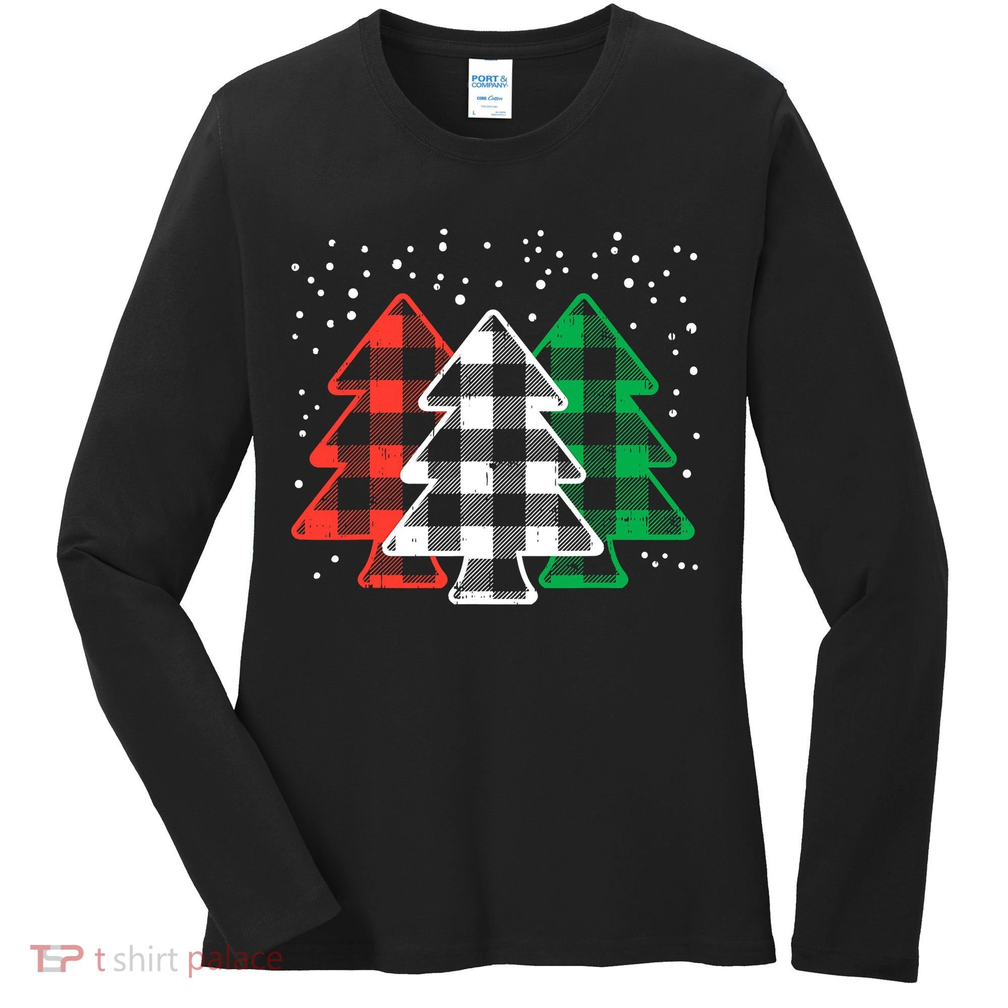 Merry Christmas Tree Buffalo Plaid Red White Green Xmas Women's Long Sleeve Shirt
