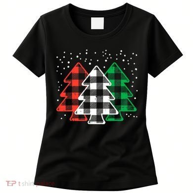 Merry Christmas Tree Buffalo Plaid Red White Green Xmas Women's T-Shirt