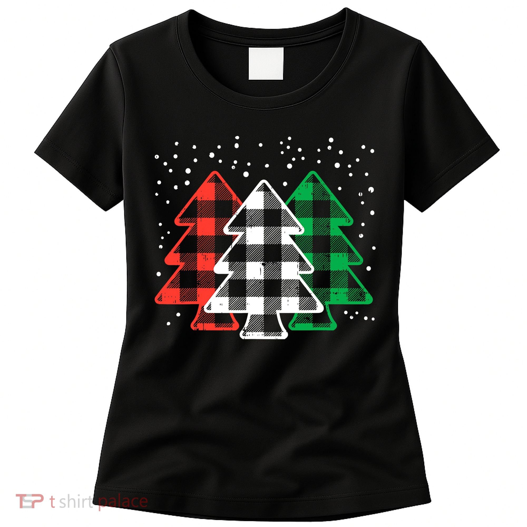 Merry Christmas Tree Buffalo Plaid Red White Green Xmas Women's T-Shirt
