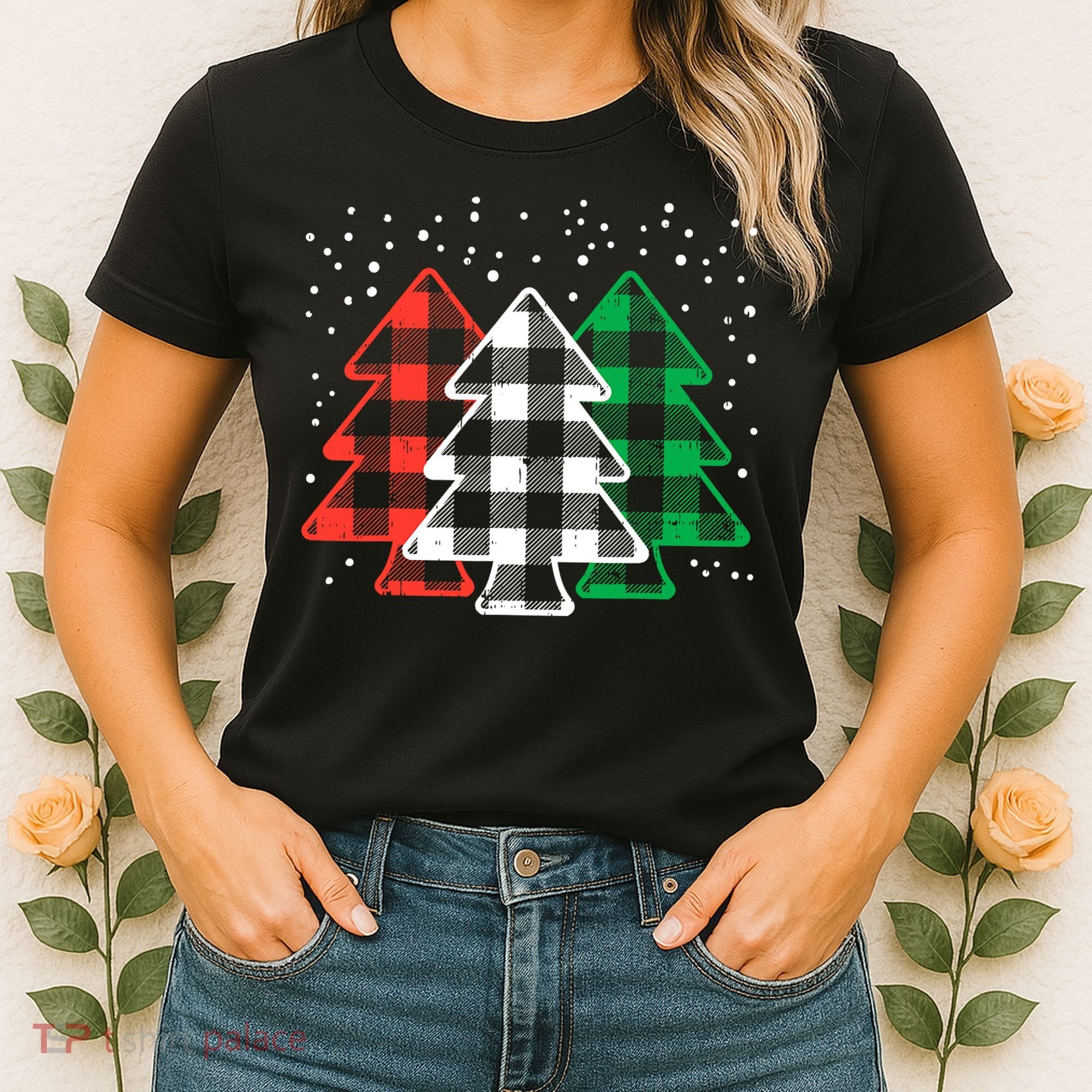 Merry Christmas Tree Buffalo Plaid Red White Green Xmas Women's T-Shirt