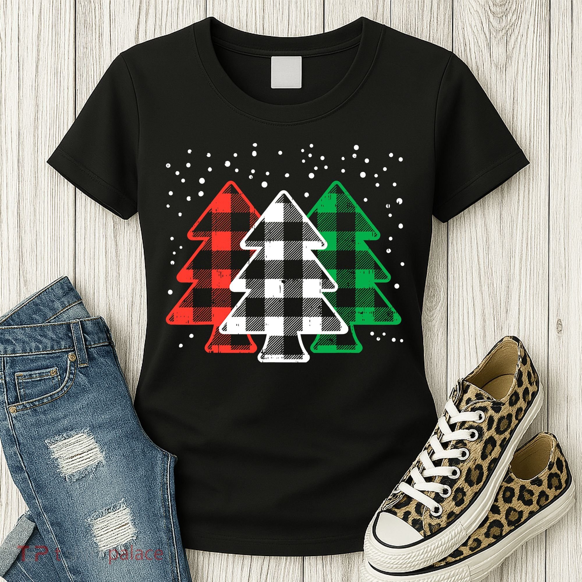 Merry Christmas Tree Buffalo Plaid Red White Green Xmas Women's T-Shirt