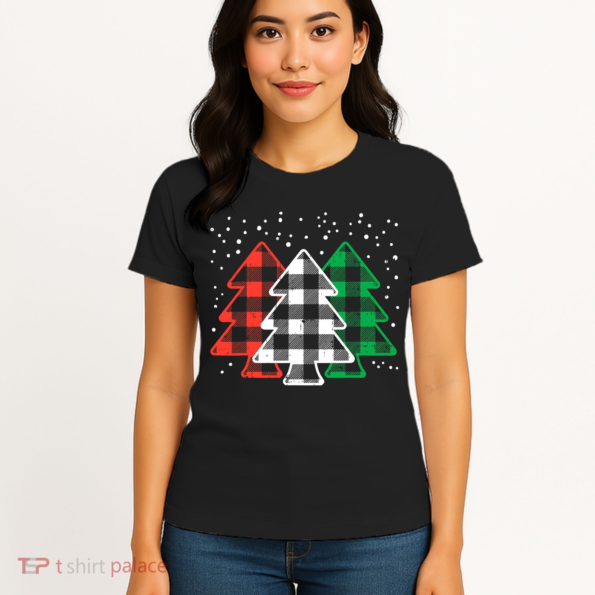 Merry Christmas Tree Buffalo Plaid Red White Green Xmas Women's T-Shirt