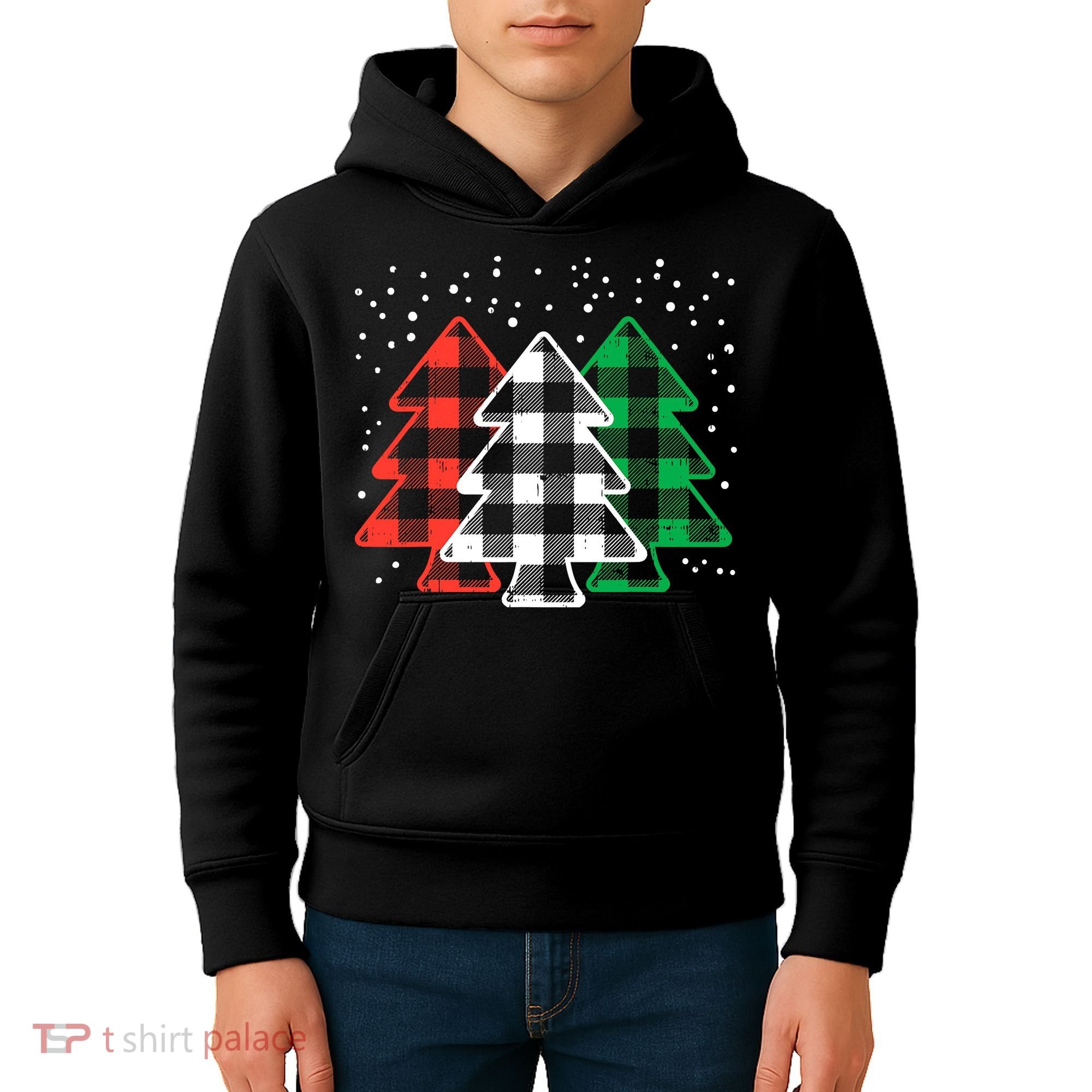 Merry Christmas Tree Buffalo Plaid Red White Green Xmas Kids Hoodie