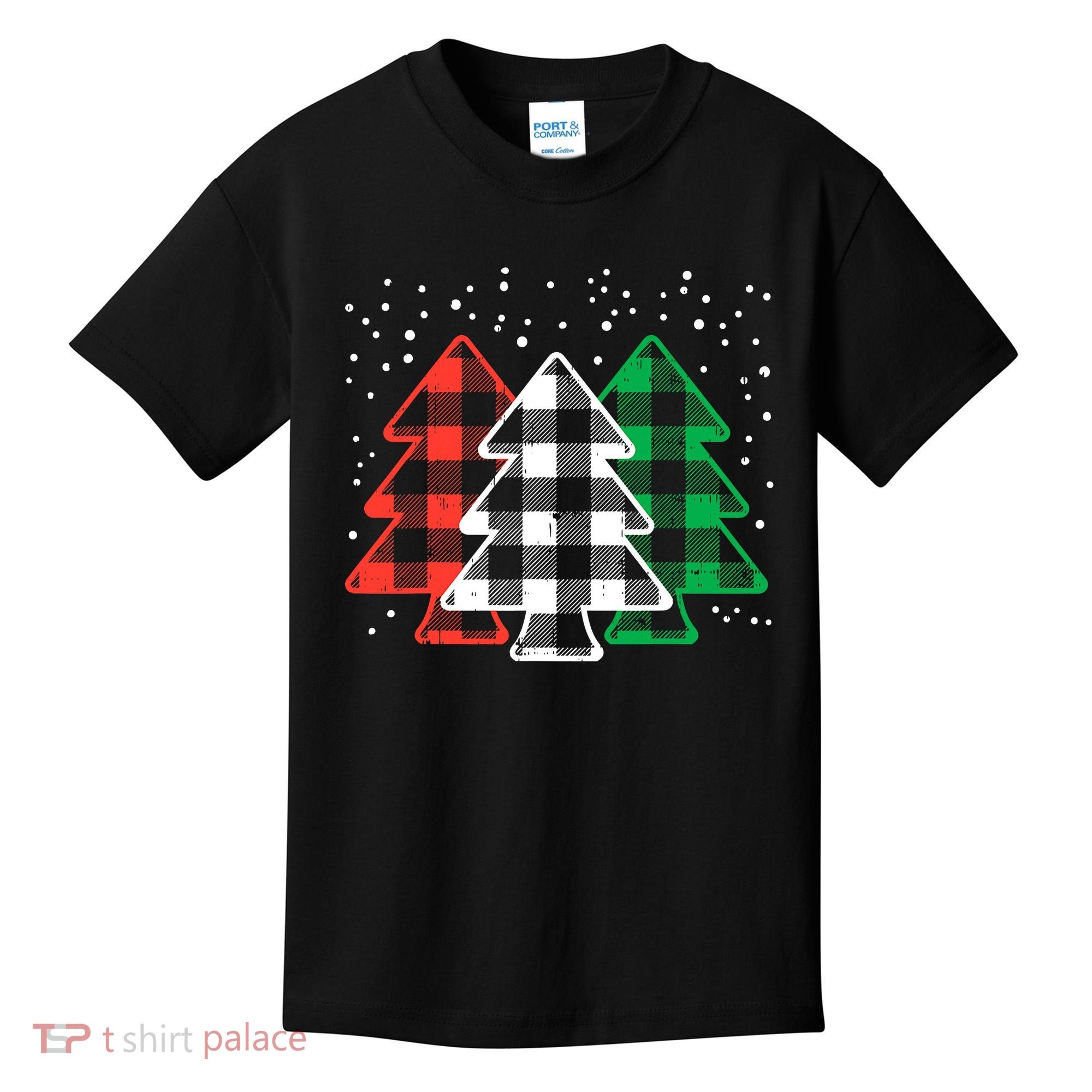 Merry Christmas Tree Buffalo Plaid Red White Green Xmas Kids T-Shirt