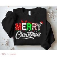 Merry Christmas Tree Buffalo Plaid Red White Green Cute Xmas Sweatshirt thumb 2