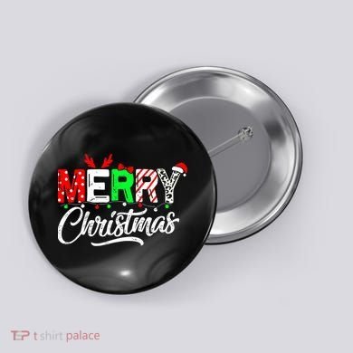 Merry Christmas Tree Buffalo Plaid Red White Green Cute Xmas Button