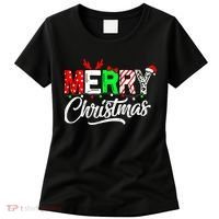 Merry Christmas Tree Buffalo Plaid Red White Green Cute Xmas Women's T-Shirt thumb 0