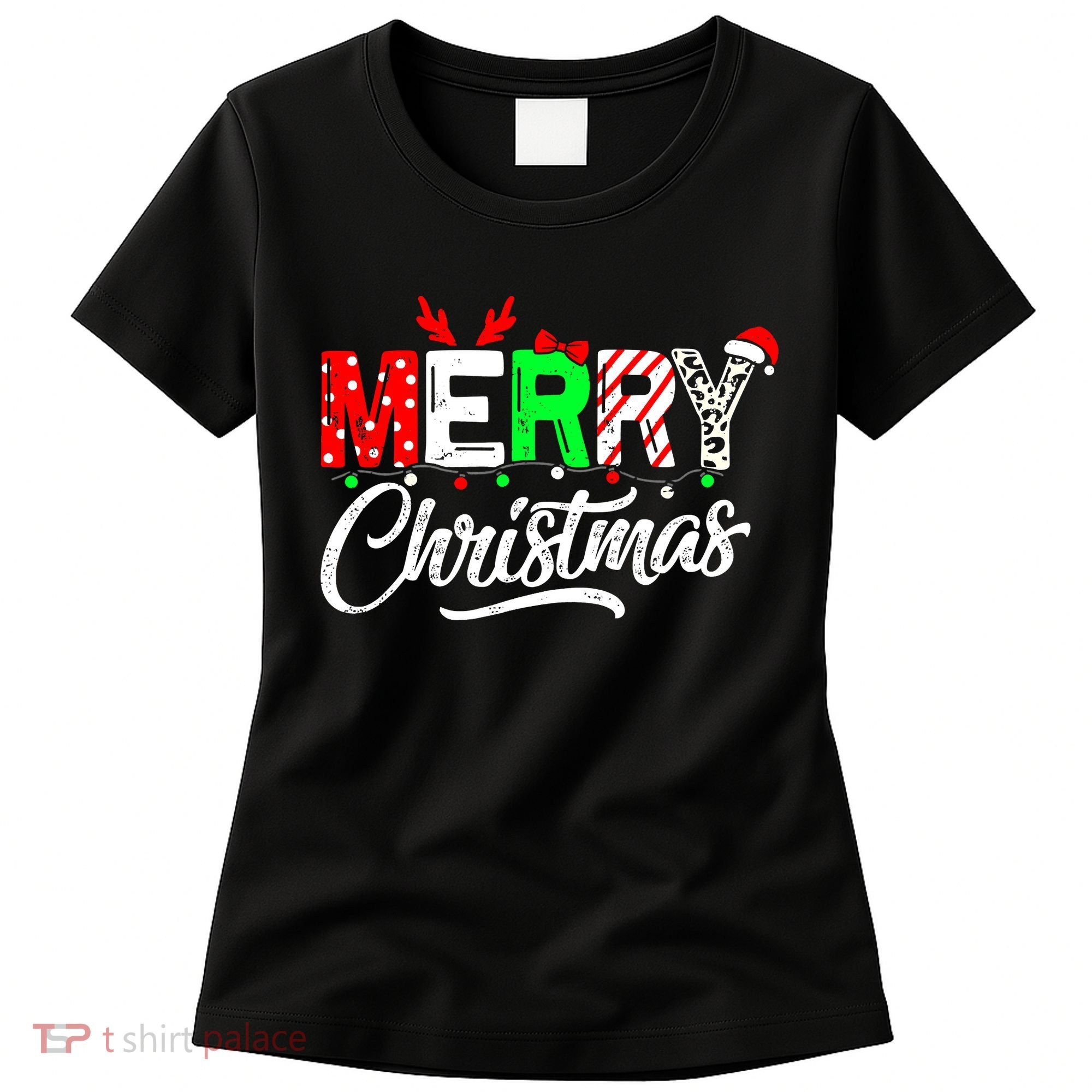Merry Christmas Tree Buffalo Plaid Red White Green Cute Xmas Women's T-Shirt